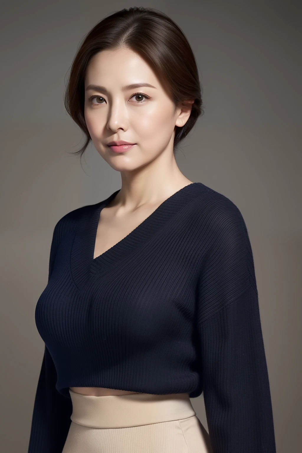 hight resolution, high-level image quality, high detailing, masterpiece, Textured skin, tre anatomically correct, sharp, greybackground((japanese mature, 30-years old)), 独奏, ((Wrinkles on the face)), large breasts with good shape, Straight light brown hair that reaches to the shoulders, chubby figure (((erect through, facing the center of the screen.))), Close your mouth and look straight ahead with a serious face, Sweaters, skirt by the, ((cowboy shot)),