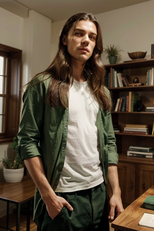 The image features a man with long hair, wearing a green shirt and a white undershirt. He is standing in a room with a bookshelf behind him, which has several books on it. The man appears to be posing for a picture, and his hair is blowing in the wind, giving him a stylish and carefree look.