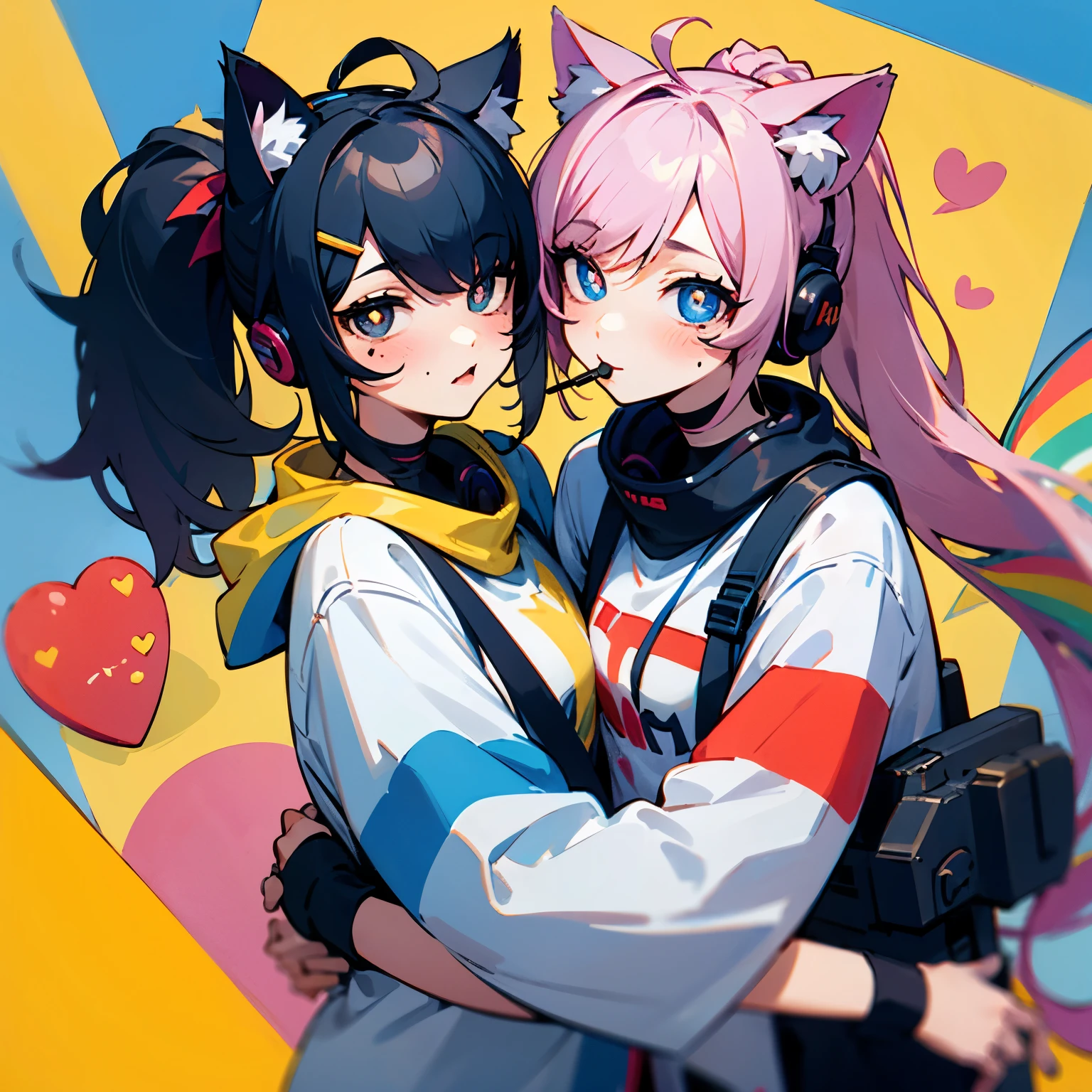 rainbow double ponytail hair, double-ponytail, hair pin, shairband, hair pin , Moles under the eyes, heart - shaped pupils, headphones with cat ears,one-girl，Candy cannon in hand，Clothing style is more American，full bodyesbian