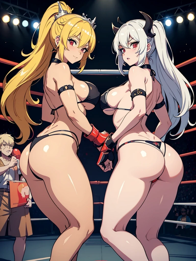 Anime style, 8k masterpiece, 2girls, Bowsette, Boosette, thong bikinis,  boxing gloves, sexy poses(big boobs, big butts), boxing ring, blonde hair, white hair, red eyes, stare down