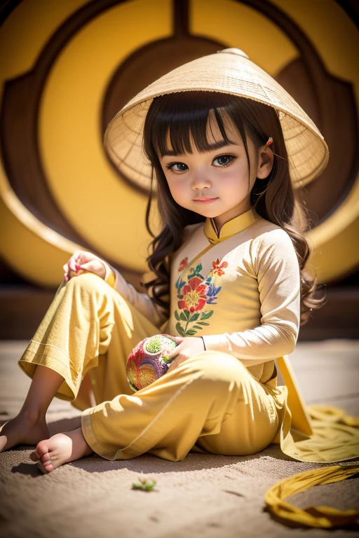 A *********** with big brown eyes, sharp eyebrows, curled eyelashes, wearing a yellow Vietnamese ao dai embroidered with flowers, a Vietnamese conical hat,( dragon:1.2),(sitting on a funny little colorful dragon wrapped around heẻ:1.2), behind there is a white background, personality, cute, petite, cute, deviant art, art trend, digital art, detail, cute, realistic personality, tiny, cinema sho , movie lights,