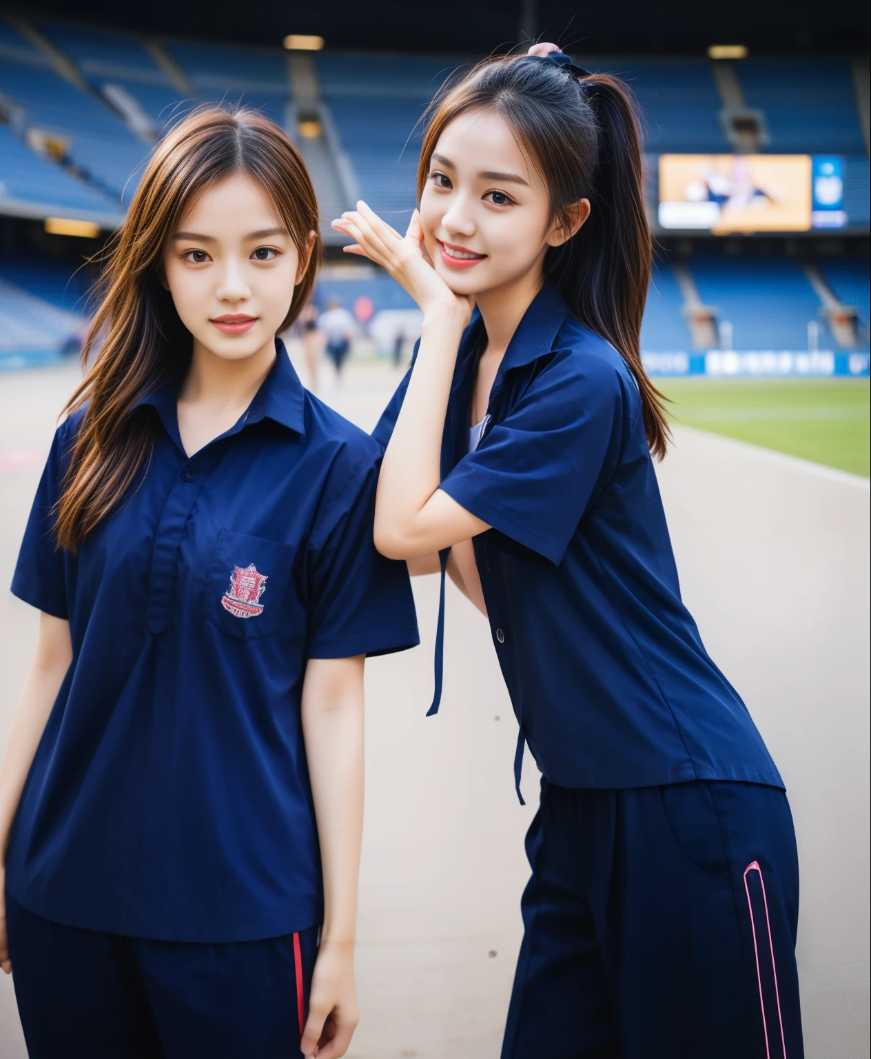 (bestquality,10,10,highres,masterpiece:1.2),ultra-detail,(Realistic,ภาพRealistic,photo-realistic:1.37),1 Cute girl in the football field,oily shiny skin,bara,light smile,BDclothelue shirt:1.3)),short sleeves,shirt, trousers.,(navy_long_ติดตามtrousers:1.1), ((Stadium Background:1.3)),dynamic angle,excited,face focus,Dynamic Poses,from behide,Ass Focus,masterpiece, bestquality, ultra realistic, hyper-detail, 8k resolution, RAW photo, crisp focus, ((Navy blue shirt:1.1)), short sleeves, เส้นทางlong, Complete bodyแบบ, 2 mature women, 18yo, cinematic light,trousersวอร์มสีน้ําเงิน,Gymware,Correct anatomy,Complete body, Correct body, sharp face, Correct bodyทางกายวิภาค, full entire body, Realistic gestures, long-haired, Realistic poses,Wear long shorts..............................,ช่วงขาlong,Shapely,Sculpting Girl, Slender Figure, mannequin mannequins, Shapely, Beautiful body,trousersวอร์มสีน้ําเงิน, Two girls kissing