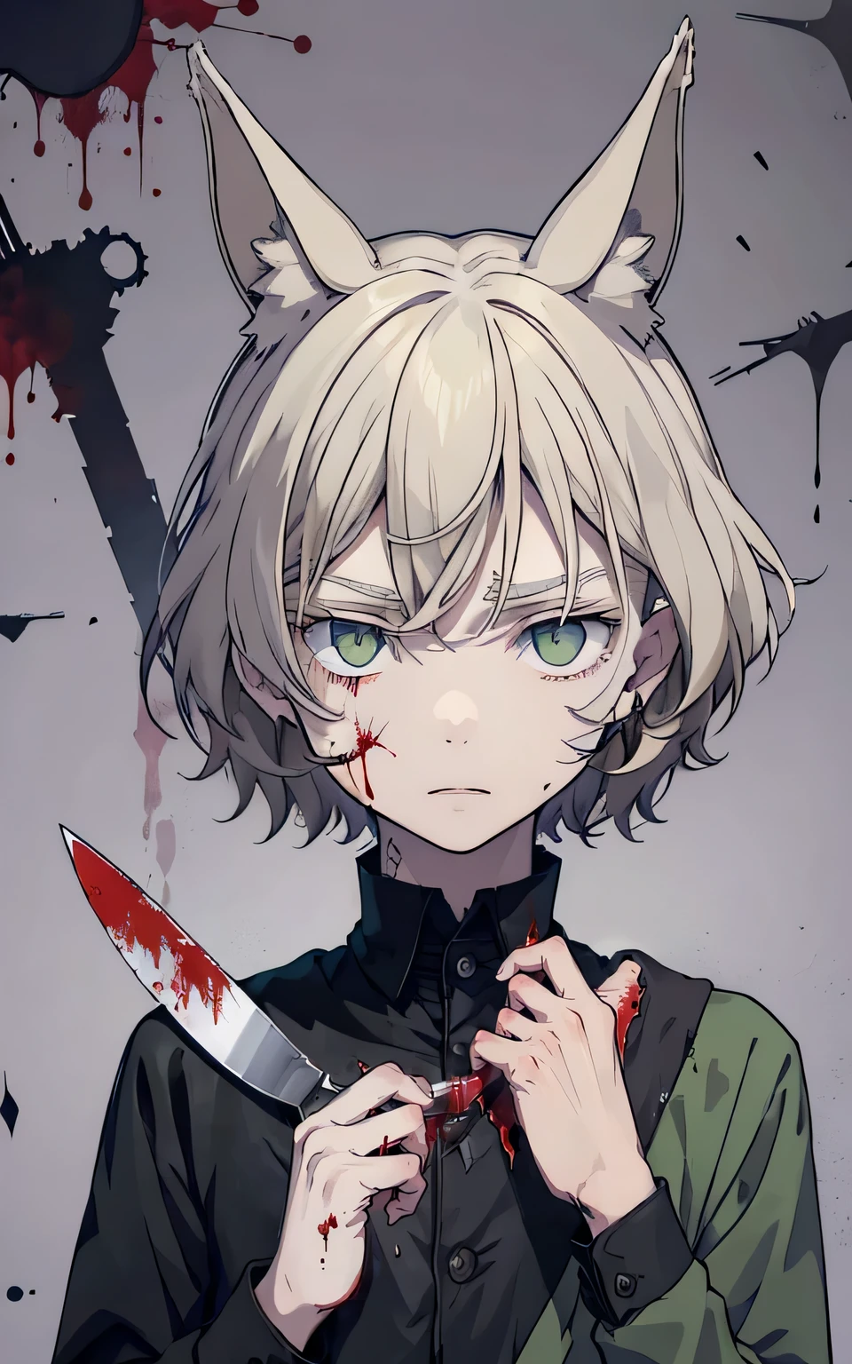 Beast-eared boy，green-eyed，vacant eyes，Holding a knife with blood on it，self harm，The light is dim，The atmosphere is oppressive，There was blood everywhere，wounds，male people，lost eyesight，suppress，Cover your hands with clothes in despair，Two-dimensional style