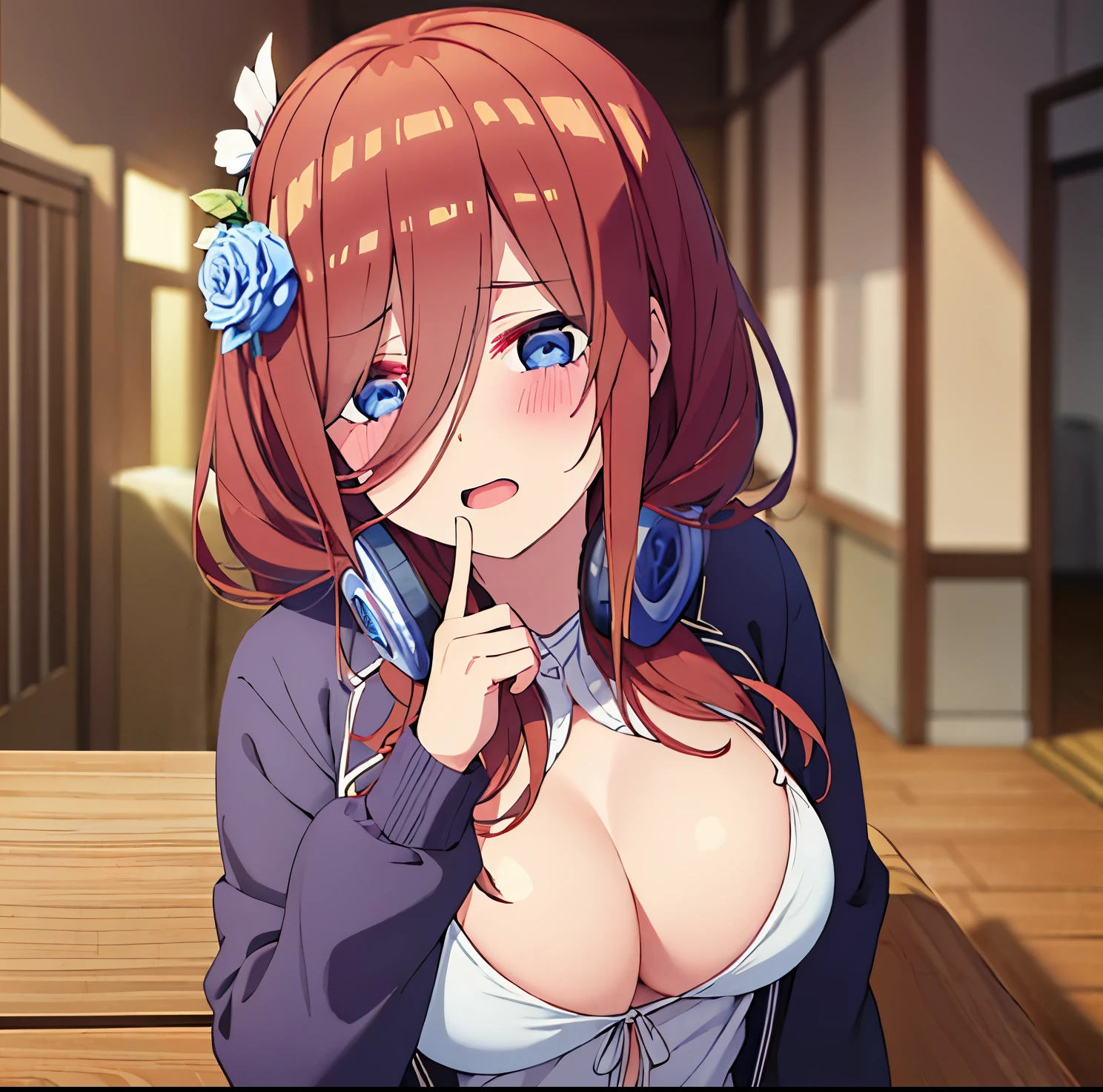 1girl, solamente, Nakano miku, brown hair, pelo entre los ojos, Cardigan azul, auriculares, pecho gigante, El cuerpo perfecto, Cara ultra detallada, Labios detallados, ahg ojos en blanco, （Sorcerous body with sagging breasts： 1.2), Enormes pechos envueltos en sujetadores de bikini parecidos a la piel se filtran，It has a deep V oversized bust，Fugas en el vientre，Llevar tanga, el mismo color que la piel, You can see rich black pubic hair，Se corta la cuerda en un extremo de las bragas，Fuga de la ，La pulpa blanca fluye fuera del ，Desata el nudo de la tanga con una mano，La otra es solo desatar el nudo del sujetador，Huge breasts super full and firm， curva visiblecuerpo completo1: