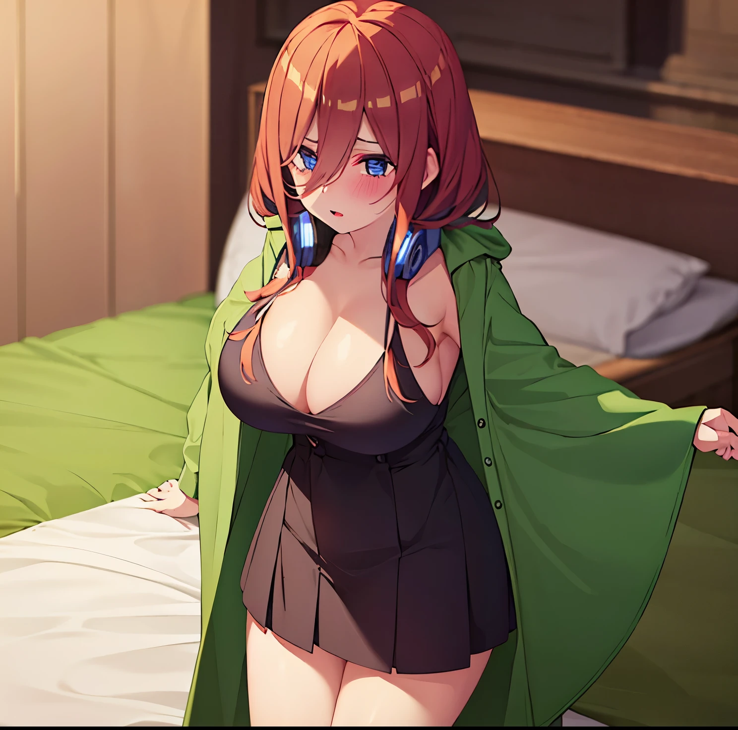 1girl, solamente, Nakano miku, brown hair, pelo entre los ojos, Cardigan azul, auriculares, pecho gigante, El cuerpo perfecto, Cara ultra detallada, Labios detallados, ahg ojos en blanco, (Sorcerous body with sagging breasts: 1.2), Enormes pechos envueltos en sujetadores de bikini parecidos a la piel se filtran,It has a deep V oversized bust,Fugas en el vientre,Llevar tanga, el mismo color que la piel, You can see rich black pubic hair,Se corta la cuerda en un extremo de las bragas,Fuga de la ,La pulpa blanca fluye fuera del ,Desata el nudo de la tanga con una mano,La otra es solo desatar el nudo del sujetador,Huge breasts super full and firm, curva visiblecuerpo completo1: