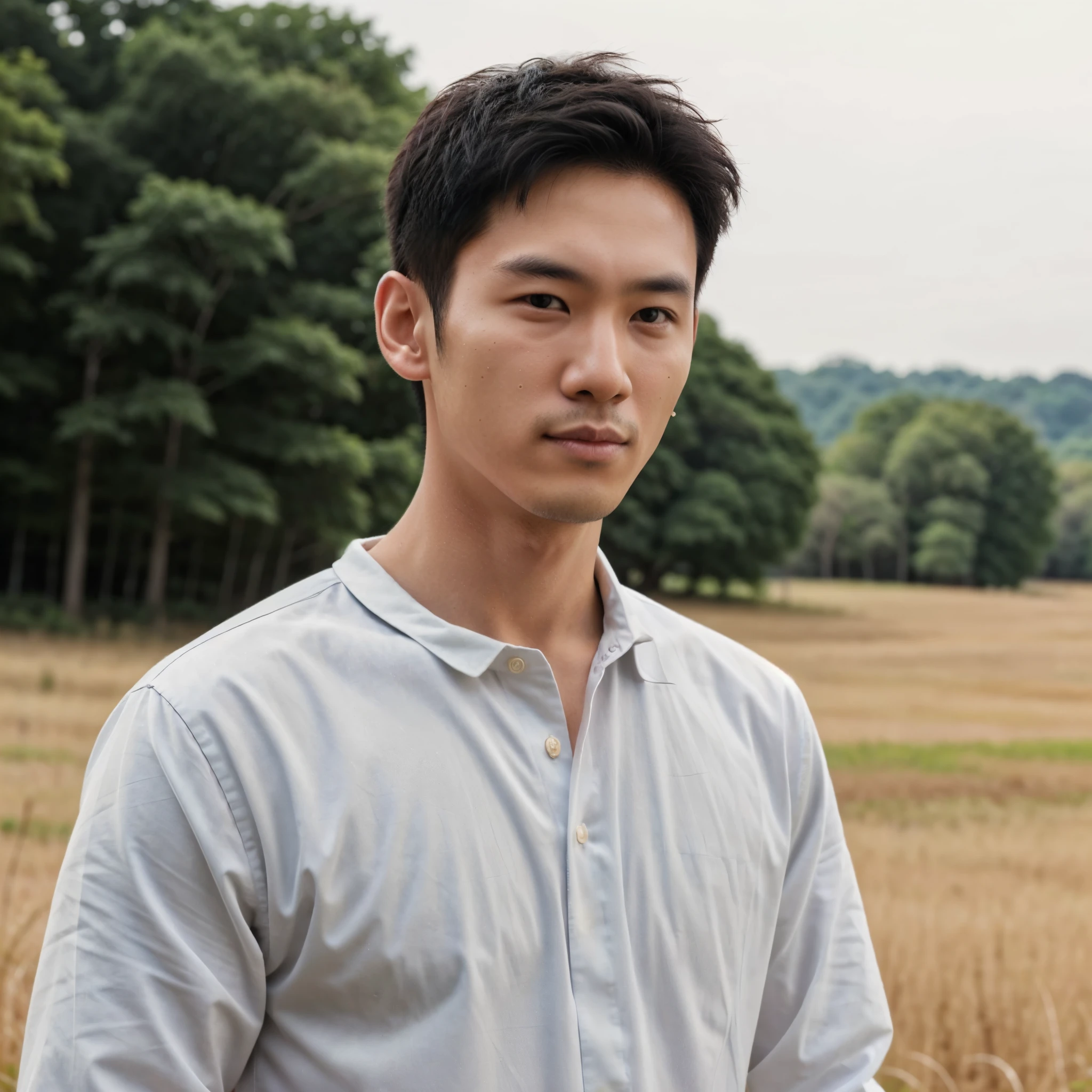Man in white shirt standing in field, Young person, Korean male, Asian male, Soft portrait shooting 8K, being thin，being thin的Young person, Being thin man with light tan skin, Handsome young man face, Young person of medium length, 70 mm portrait, Portrait of a beautiful young person, Asian people