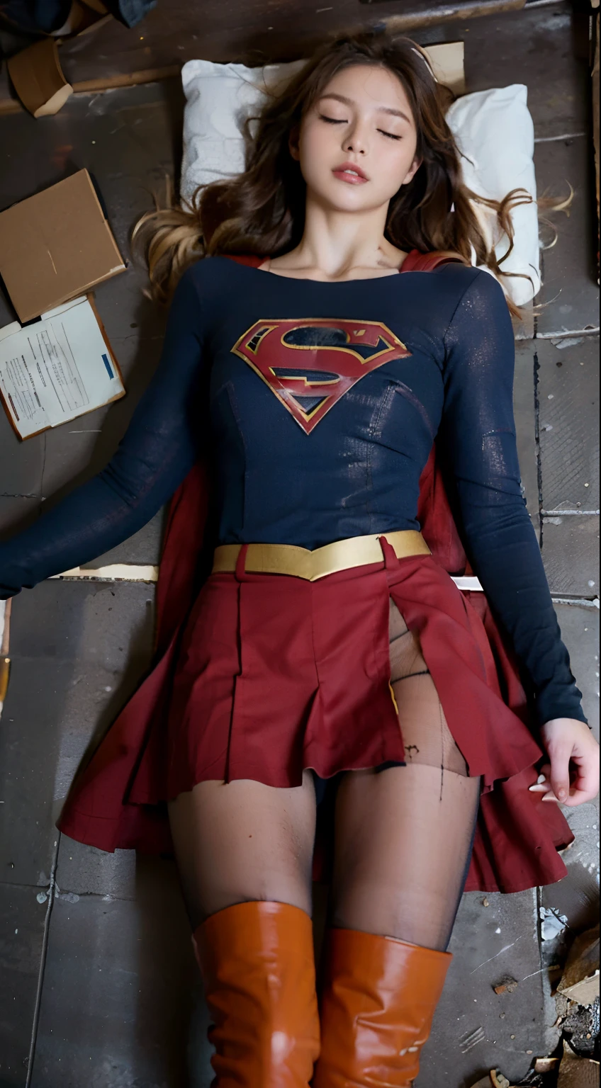 HD, Masterpiece, (((super detailed face))), (beautiful face), 1 woman in a superman costume laying on the floor, very beautiful supergirl, super photo realistic, super photorealistic, visual of supergirl, (pantyhose:1.4), ((full body shot)), 4k, cinematic, ((full body shot)), (zoom out:1.2), realistic , super high resolution, super highly detailed, 4 k, (torn pantyhose), (((eyes closed))), (sleep), (Unconsciousness), ((closed lips)), Closed mouth, ((Blonde hair)), (stretch legs) , ((Lie down on the floor)), (Abandoned building wreckage backdrop), (Red boots), (((folded up skirt to see panties))), ((Show underwear)), (can see panties)