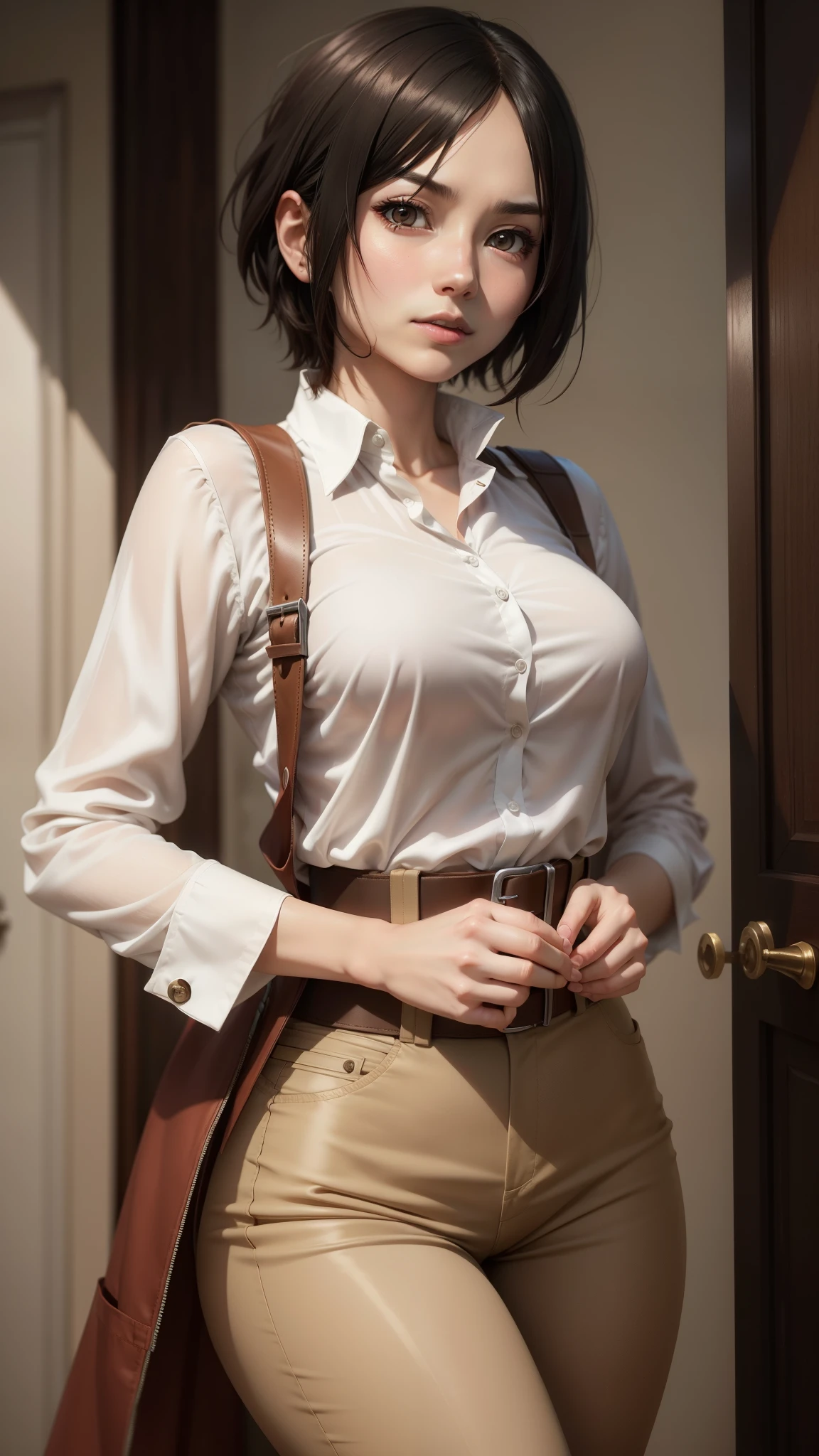 Charming Mikasa Ackerman from Attack on Titan, white silk shirt
