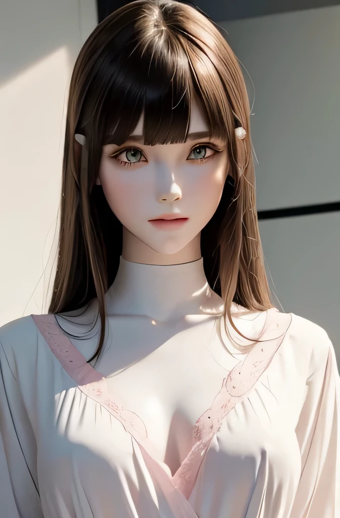 1 つのMannequinが座っています(Beautuful Women　Mannequin is 30 years old　Mannequinの身長は165cmです. Mannequinの色&#39;my face is white.　Mannequinの色 body is pure white 　Mannequin has brown hair(straight hair down to throat　bangss)　Mannequin has a thin and long face　Mannequinの色&#39;lips are light pink.　Mannequin&#39;Eye color is black　Mannequinはシャツを着ています)