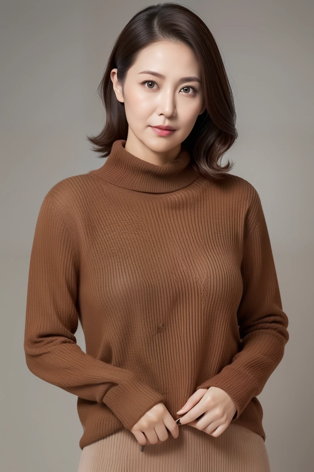 hight resolution, high-level image quality, high detailing, masterpiece, Textured skin, tre anatomically correct, sharp, greybackground((japanese mature, 30-years old)), 独奏, ((Wrinkles on the face)), large breasts with good shape, Straight light brown hair that reaches to the shoulders, chubby figure (((Stand upright, facing the center of the screen.))), Close your mouth and look straight ahead with a serious face, Sweaters, skirt by the, ((cowboy shot)),