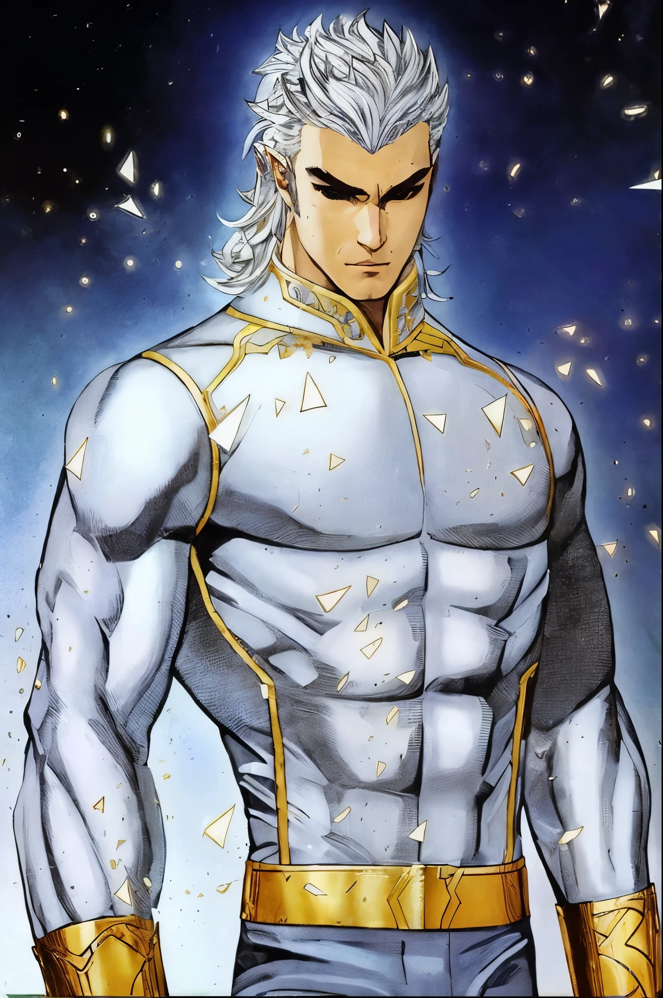 "The epitome of masculine beauty, a sculpted naked god-like figure, wearing a jockstrap, exuding power and strength, bathed in a mesmerizing aura of goldand silver light, full body image seen from below."