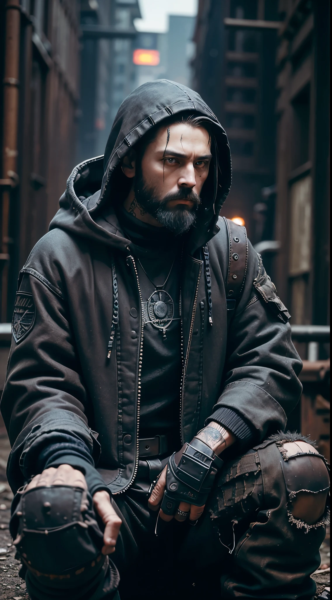 1 man, blue eyes, dark brown beard, crouching down, looking off in the distance, gray hooded poncho, black ripped jeans, black fingerless gloves, black combat boots, holding a Kriss Vector, post apocalypse setting, zombie apocalypse, dirty, photo realism, 8k, masterpiece