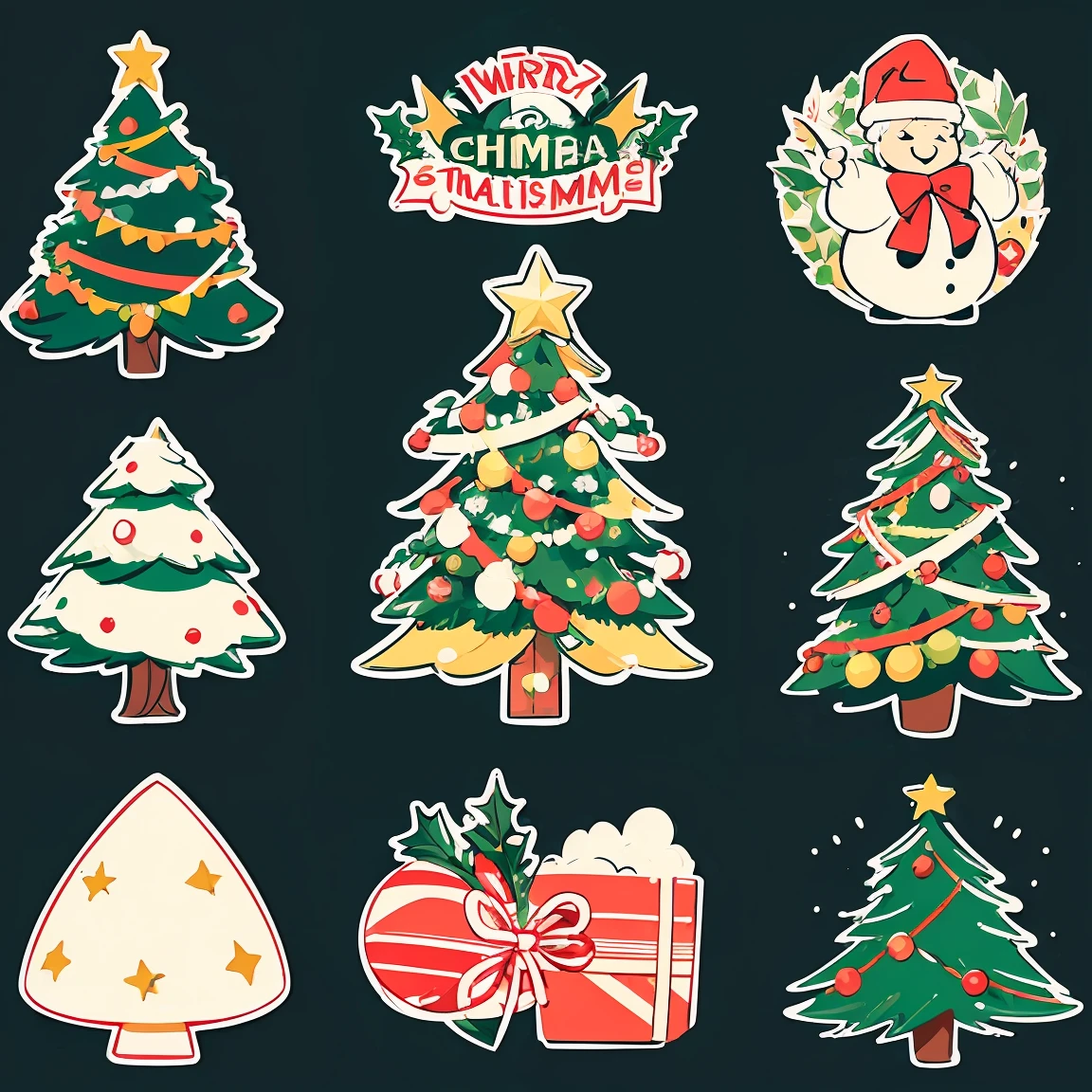 (sticker pack:1.3), (best quality, masterpiece), christmas tree, christmas ornaments, cartoon style, clean lines, bright colors, vibrant, christmas theme