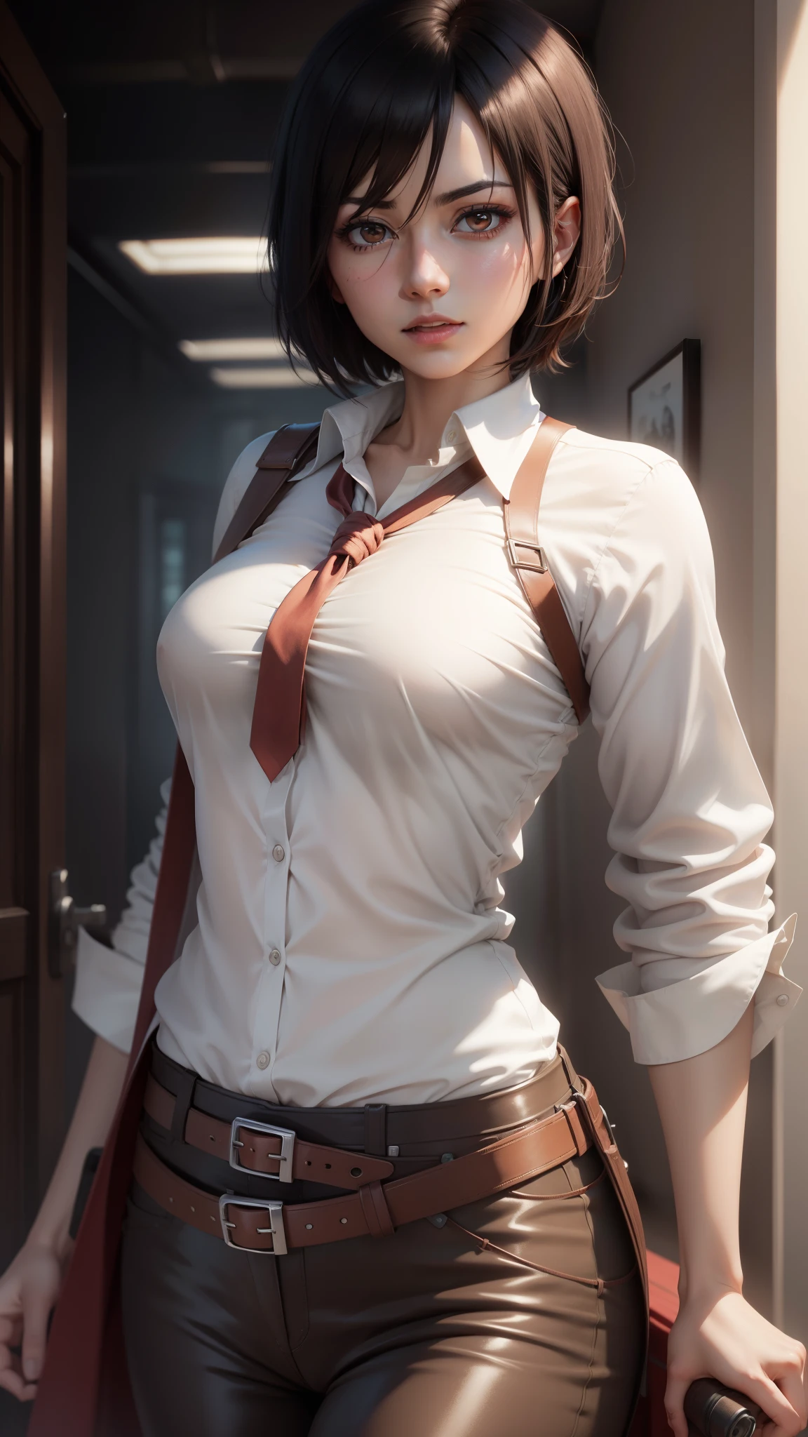 Charming Mikasa Ackerman from Attack on Titan, white silk shirt, 8k