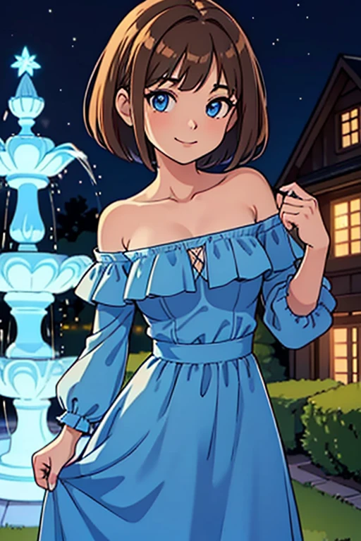 ((best quality)), ((masterpiece)), (detailed), perfect face Bianca, brown hair, bob cut, medium hair, blue eyes, soft skin, smile, Light Blue Dress, Strapless Light Blue Dress, Ruffle Off-the-Shoulder Top, Off-the-Shoulder Dress, Long Skirt, anime, masterpiece, best illustration, 2d, very high resolution, standing near a fountain, 1 girl, nightfall, Christmas lights, garden background, close up.