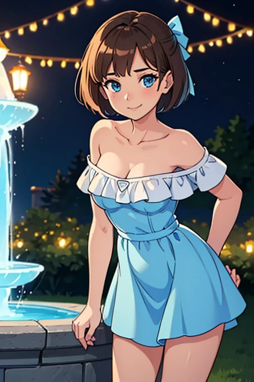 ((best quality)), ((masterpiece)), (detailed), perfect face Bianca, brown hair, bob cut, medium hair, blue eyes, soft skin, smile, Light Blue Dress, Strapless Light Blue Dress, Ruffle Off-the-Shoulder Top, Off-the-Shoulder Dress, Long Skirt, anime, masterpiece, best illustration, 2d, very high resolution, standing near a fountain, 1 girl, nightfall, Christmas lights, garden background, close up.