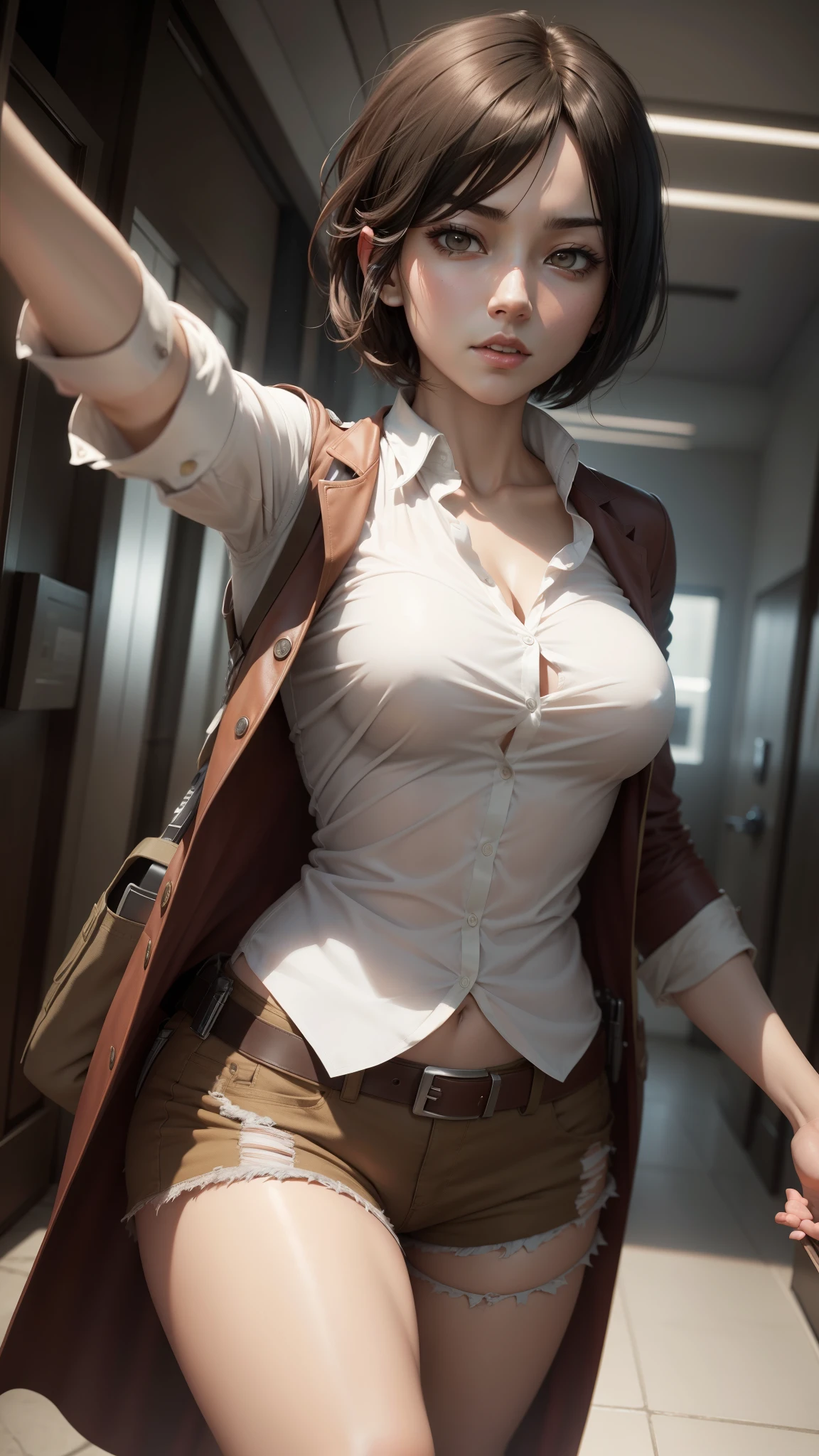 Charming Mikasa Ackerman from Attack on Titan, white silk shirt, 8k