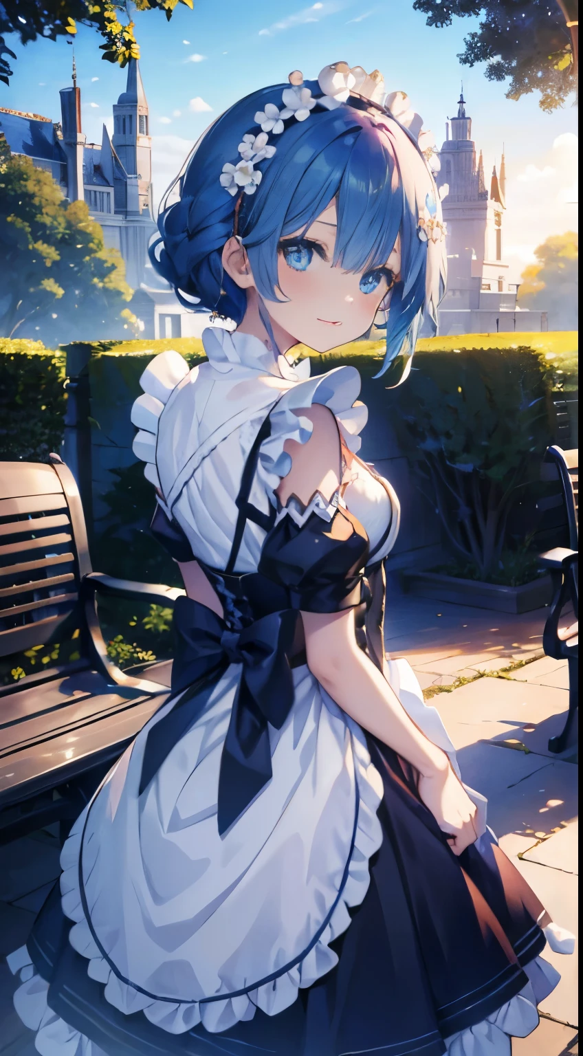 tmasterpiece，best qualtiy，Fine beautiful eyes，girl，Blue hair，the maid outfit，adorned in majestic attire，manor，trpical garden，ornate backdrop，benches，Put your hands behind your back，sunshine，light breeze。