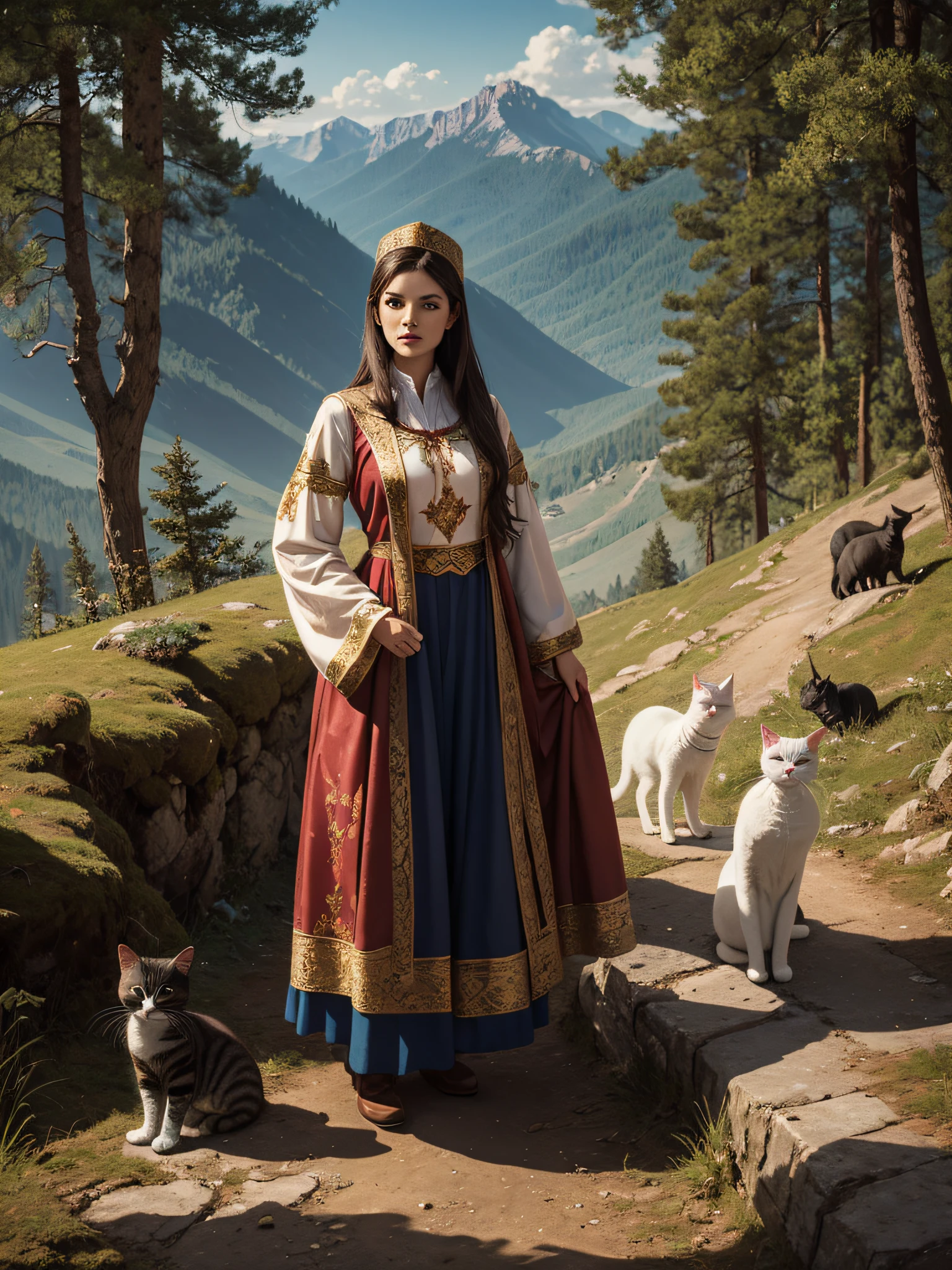 A beautiful Russian woman donning a traditional Caucasian costume and stands in a top of Caucasian Mountains, intricate scene, cats, objects and other characters, drawn digitally by color comic master Don Lawrence, low key