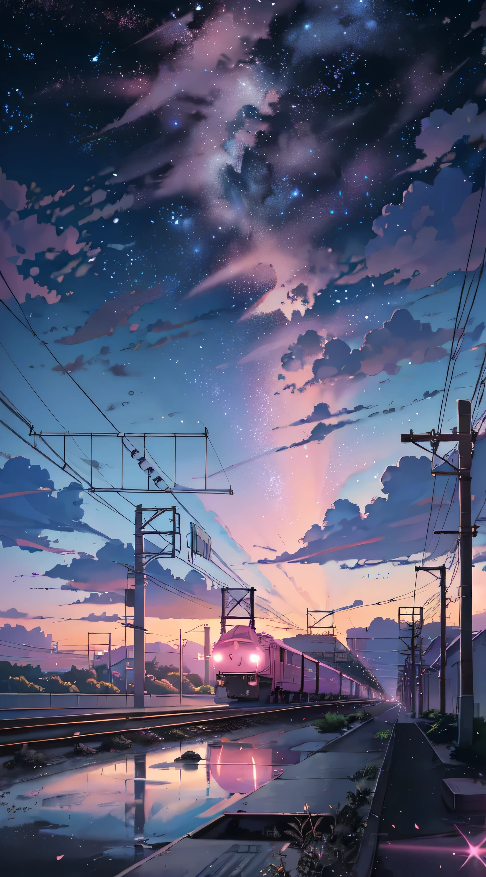 Anime scene of train moving under pink and purple sky，Shinkai sincerely绘制的动漫，Popular trends on Pixiv，magical reality，beautiful anime scenes，Cosmos Sky。 by Shinkai sincerely, ( ( Shinkai sincerely ) ), by Shinkai sincerely, Anime background art, Shinkai sincerely风格