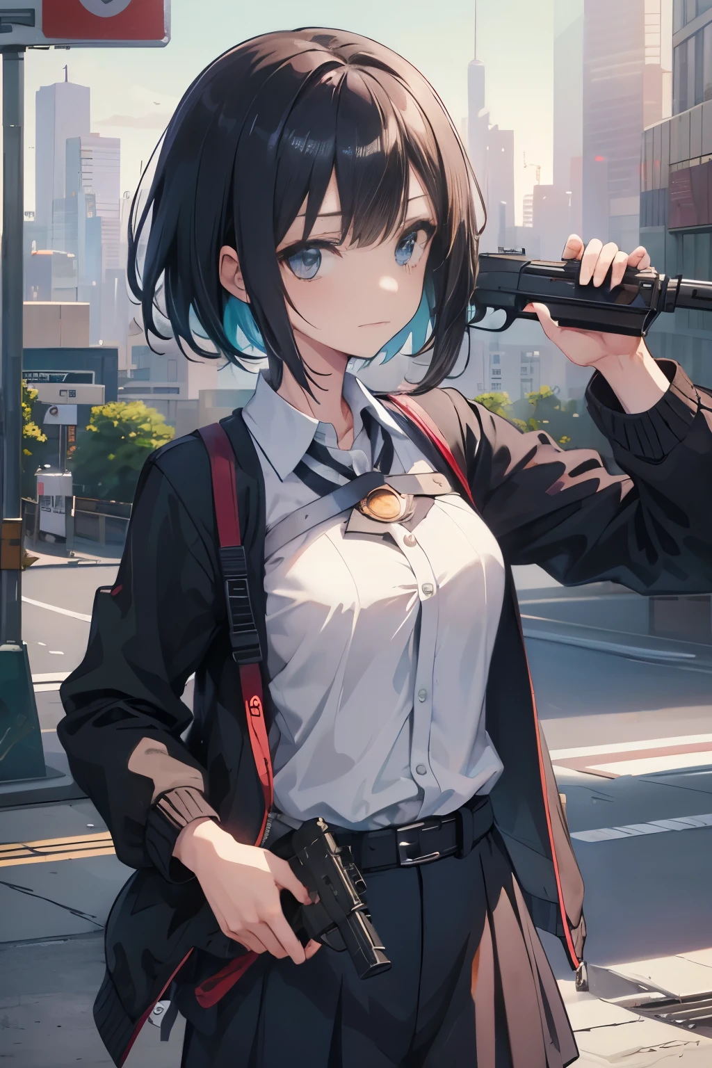 (masutepiece:1.2, Best Quality, Top Quality, Lens Flare, Depth of Field,), (Close Up: 1.3), (Wide Shot, Fisheye: 0.85), Face Focus, [1 girl in, expressioness, Turquoise eyes,jet-black hair, Half shorthair,White jacket,Take off your jacket, Blouse with Open Chest, breast, ] , (Holding a Weapon, Holding a pistol, Aiming, Aiming:1.2), gun, firing, city, street, road sign, skyscraper,