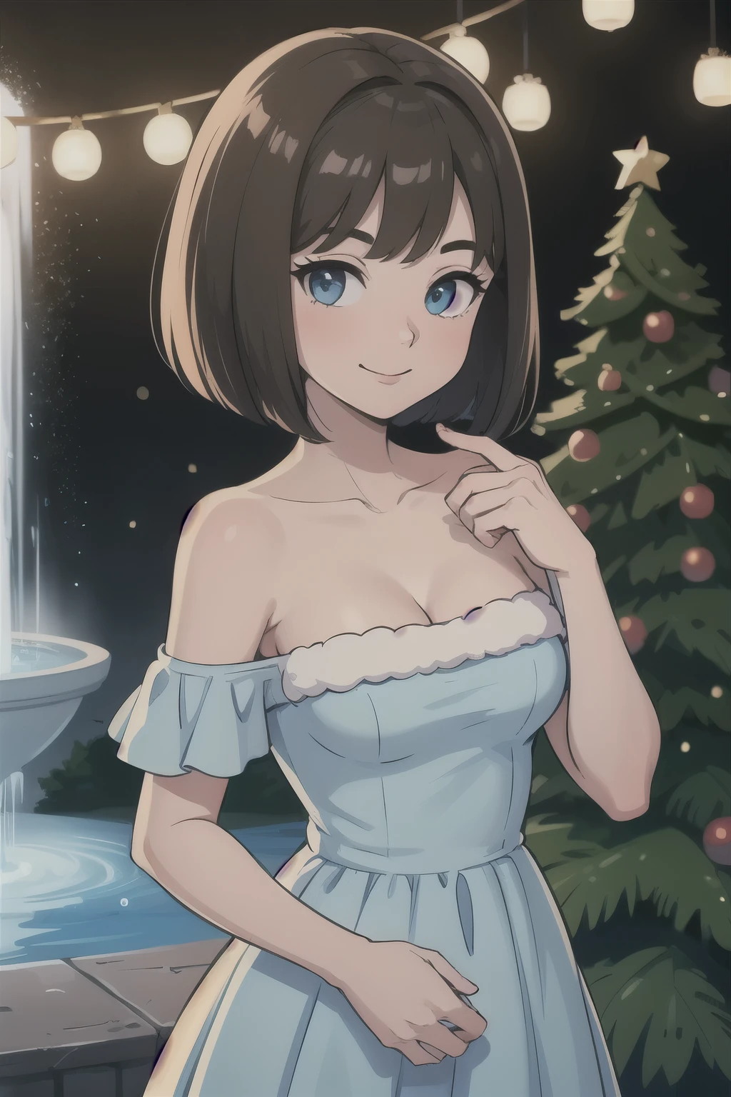 ((best quality)), ((masterpiece)), (detailed), perfect face Bianca, brown hair, bob cut, medium hair, blue eyes, soft skin, smile, Light Blue Dress, Strapless Light Blue Dress, Ruffle Off-the-Shoulder Top, Off-the-Shoulder Dress, Long Skirt, anime, masterpiece, best illustration, 2d, very high resolution, standing near a fountain, 1 girl, nightfall, Christmas lights, Christmas Tree, garden background, close up.