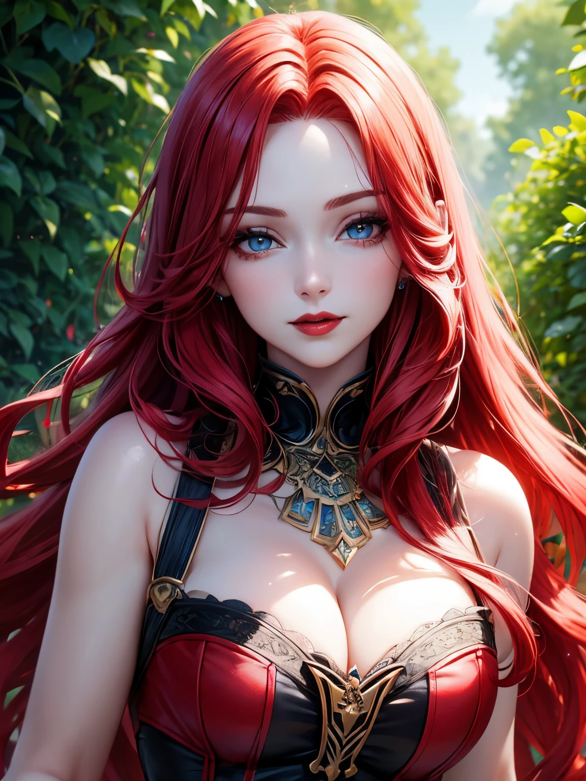Woman with long red hair, blue eyes, red lipstick It's a garden scene. The face is so perfect and the details are clear. Up to 8K resolution, perfect details, perfect face.