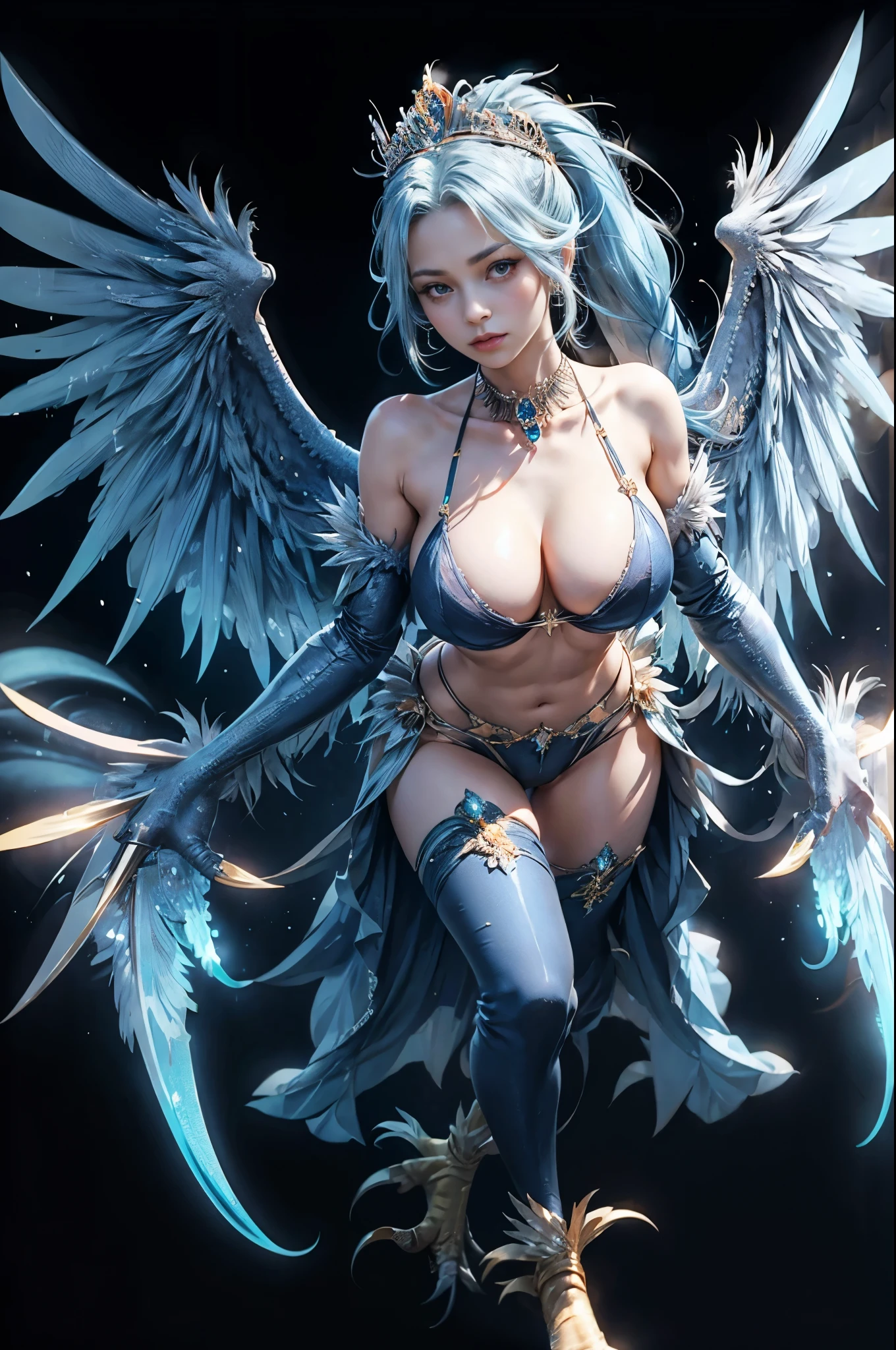 4k,hight resolution,One Woman,harpy,lightblue hair,Long ponytail,huge tit,large white wings,Orange claws,A queen,The Queen's Tiara,Black high-leg pants,Black bra,jewel decorations