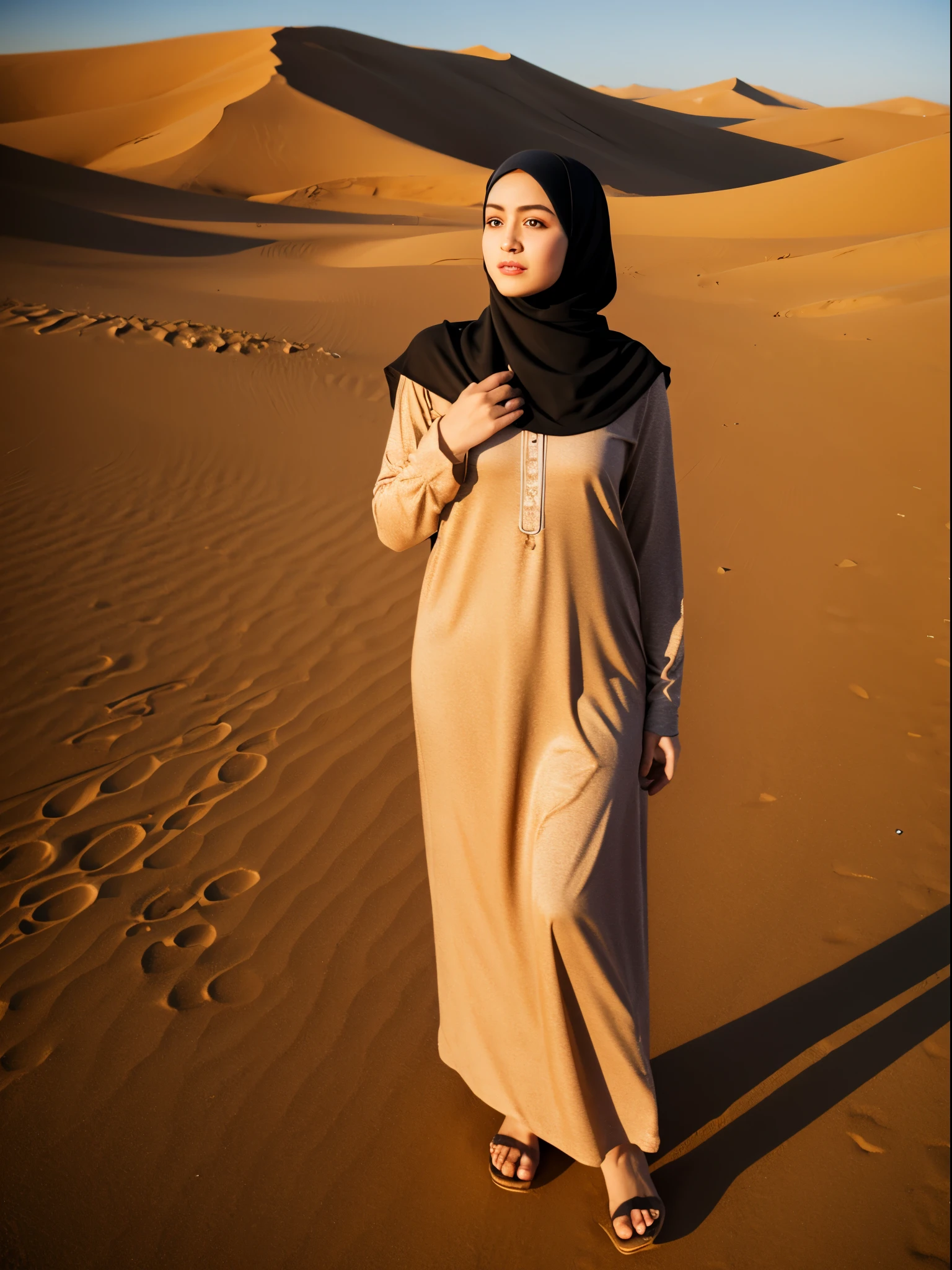 (((best quality))),(((ultra detailed))),(((masterpiece))),illustration,1 Arabian girl,beautiful,solo,slim,thin,small breasts,flat chest,summer,(in desert:1.3),white headscarf,(white abaya:1.3),slender legs,(arms behind back:1.2),radiant smile,fair complexion,sun rays,gentle breeze,elegant attire,delicate headdress,vast expanse,golden sand,azure sky,rolling dunes,stillness,graceful elegance,((from front,upper body)),