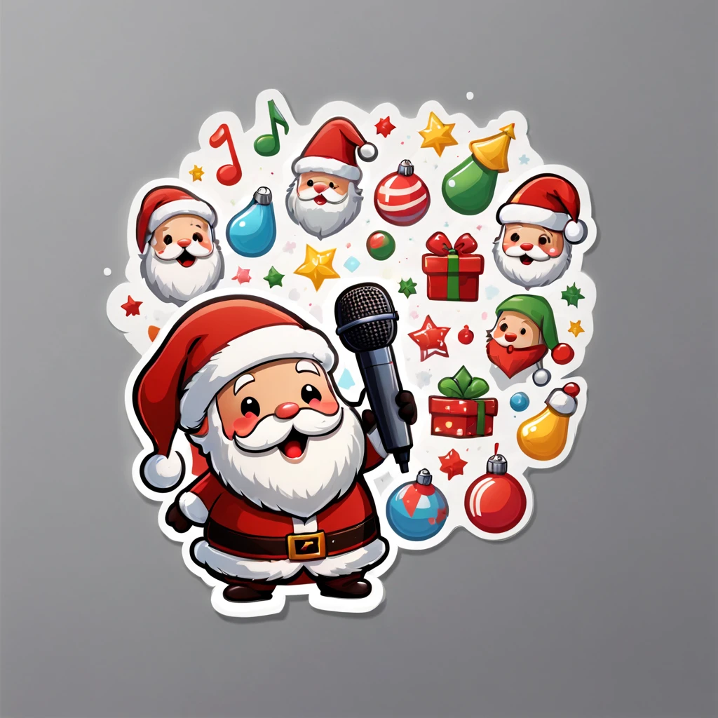 (((Stickers, Sticker))), ((1 cute Santa Claus wearing a Christmas hat),((singing with a microphone)), (((Many syllable symbols floating in the air))),Christmas elements,清晰的线条,clean backdrop,greybackground