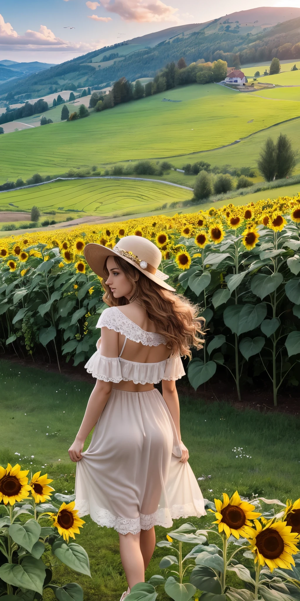 **A brunette beautiful serbian woman, 23 years old, long curly hair, brown eyes, looks at the middle distance, there are serbian villages at the distance. There are some hills. It's morning. The woman is standing on sunflower fields. She's wearing 1980s clothes. Photo realistic. Hyper quality. 8k.V6 --auto --s2