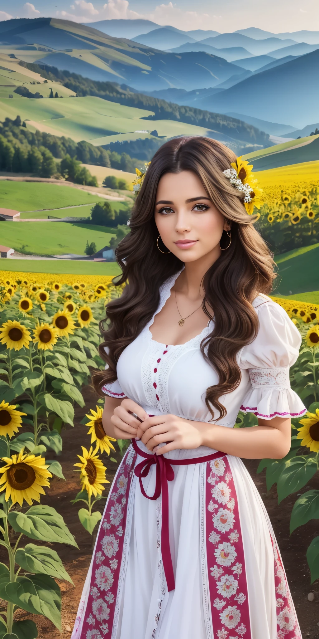 **A brunette beautiful serbian woman, 23 years old, long curly hair, brown eyes, looks at the middle distance, there are serbian villages at the distance. There are some hills. It's morning. The woman is standing on sunflower fields. She's wearing 1980s clothes. Photo realistic. Hyper quality. 8k.V6 --auto --s2