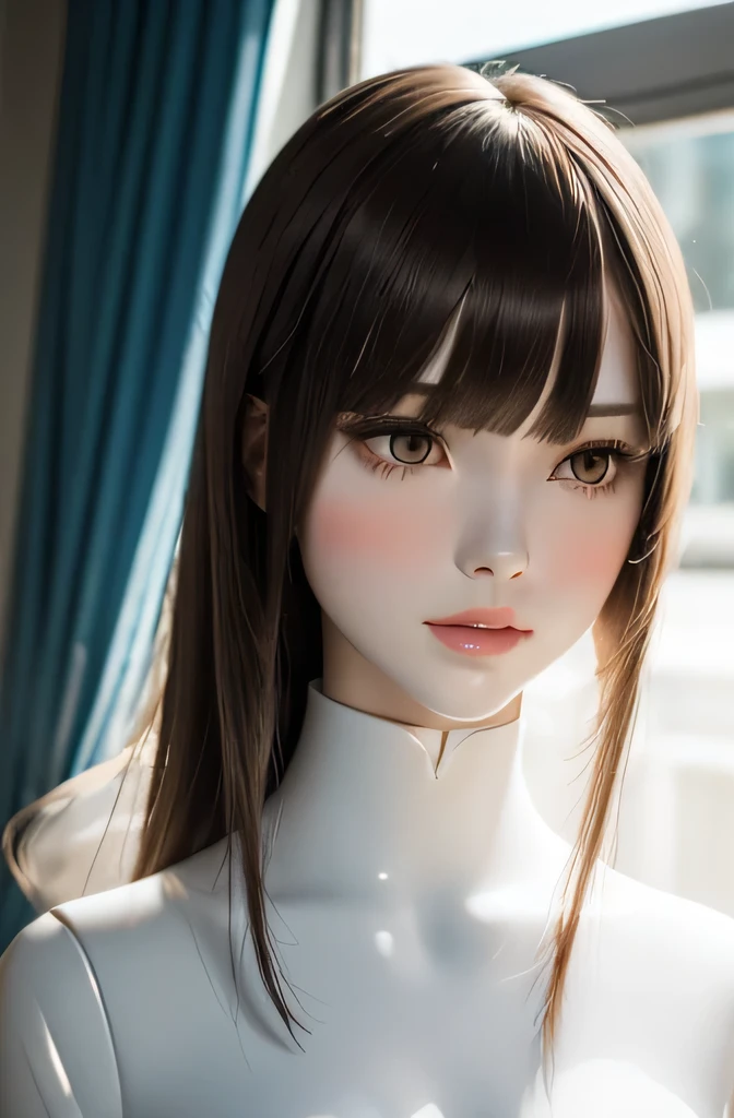 ソーセージを優しくなめるMannequin(Beautuful Women　Mannequin is 30 years old　Mannequinの身長は165cmです. Mannequinの色&#39;my face is white.　Mannequinの色 body is pure white 　Mannequin has brown hair(straight hair down to throat　bangss)　Mannequin has a thin and long face　Mannequinの色&#39;lips are light pink.　Mannequin&#39;Eye color is black　Mannequinはシャツを着ています)