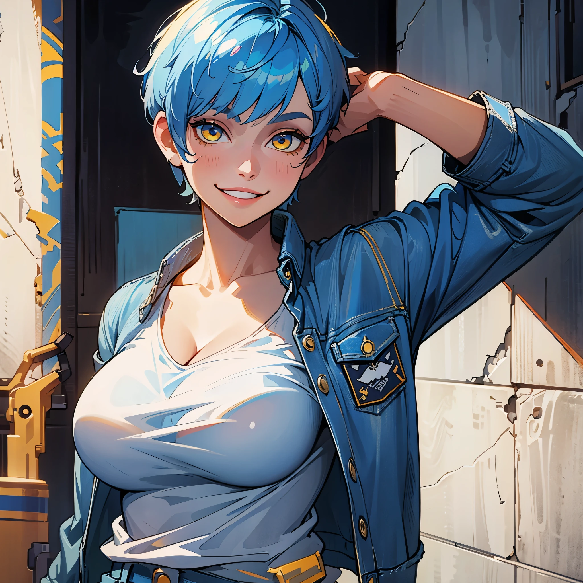 1girl, blue hair, yellow eyes, pixie cut, large breasts, jean jacket, white t-shirt, smiling