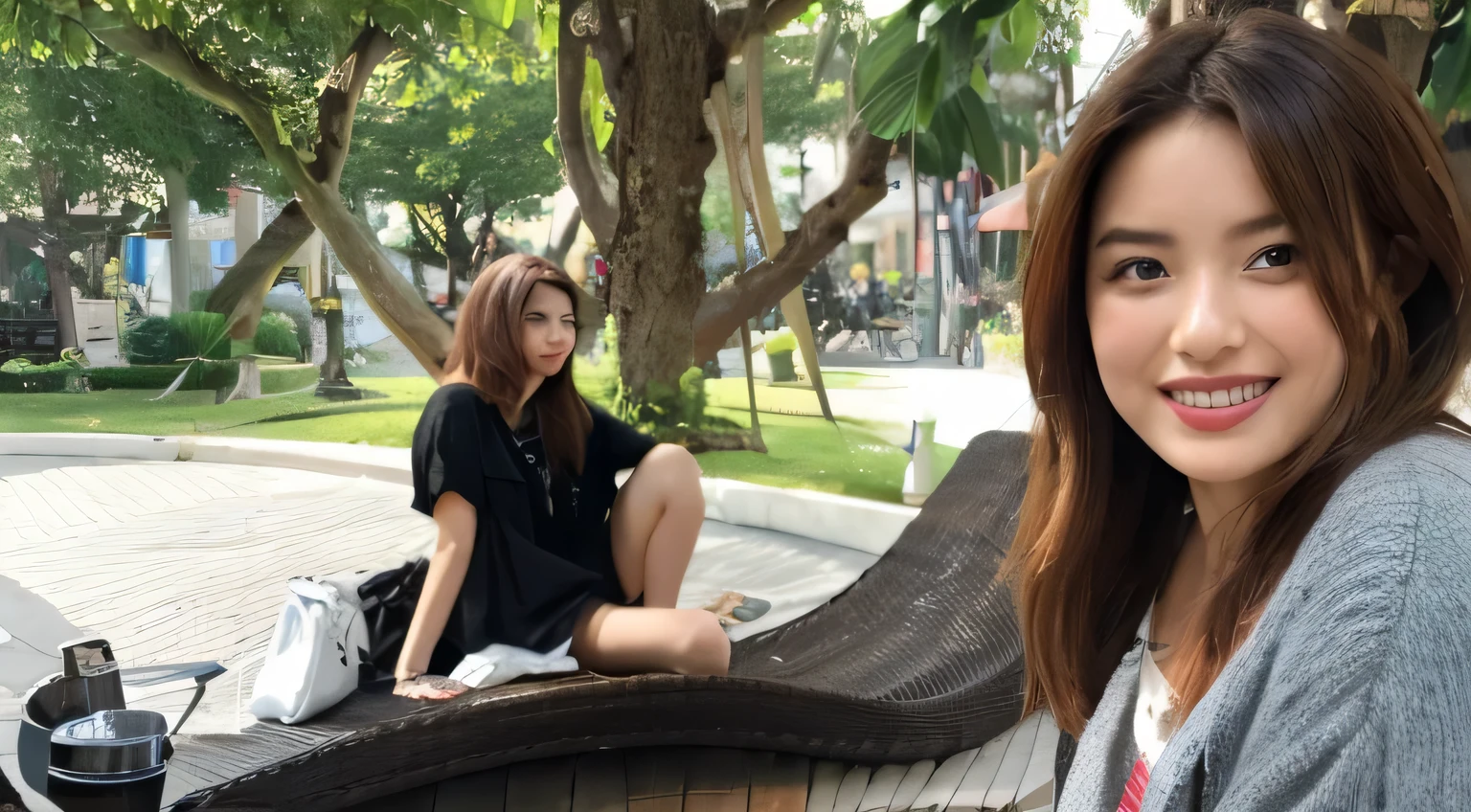 there is a woman sitting on a bench, afternoon hangout