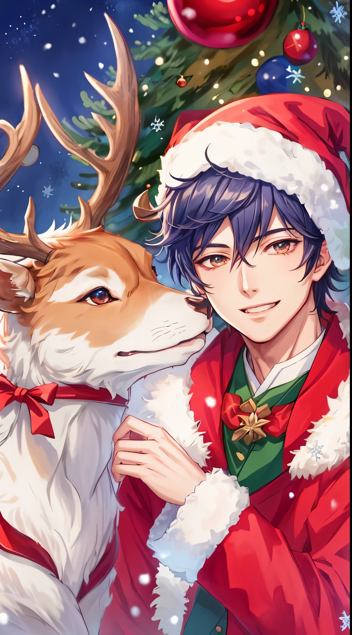 Anime boy with a deer with big horns in front of the Christmas tree, profile picture 1024px, 8K!, high quality fanart, anime cover, anime lush john 8K woods, 4 k manga wallpaper, anime style 4 k, official fanart, avatar image, Two anime handsome men, traditional art, Genshin, fanart, sakimichan、Very detailed CG Unity 8K wallpaper, (Super masterpiece, Beautiful person, well detailed face polluted smile, Photorealistic, hyper realisitic),
