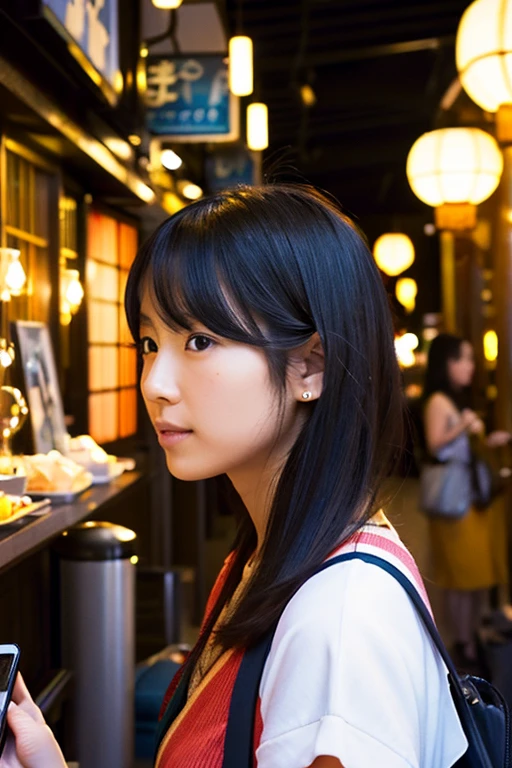 (hight resolution),A Japanese Lady,Angle from diagonally forward,Background with:Hotel lounges,looking at smartphone,