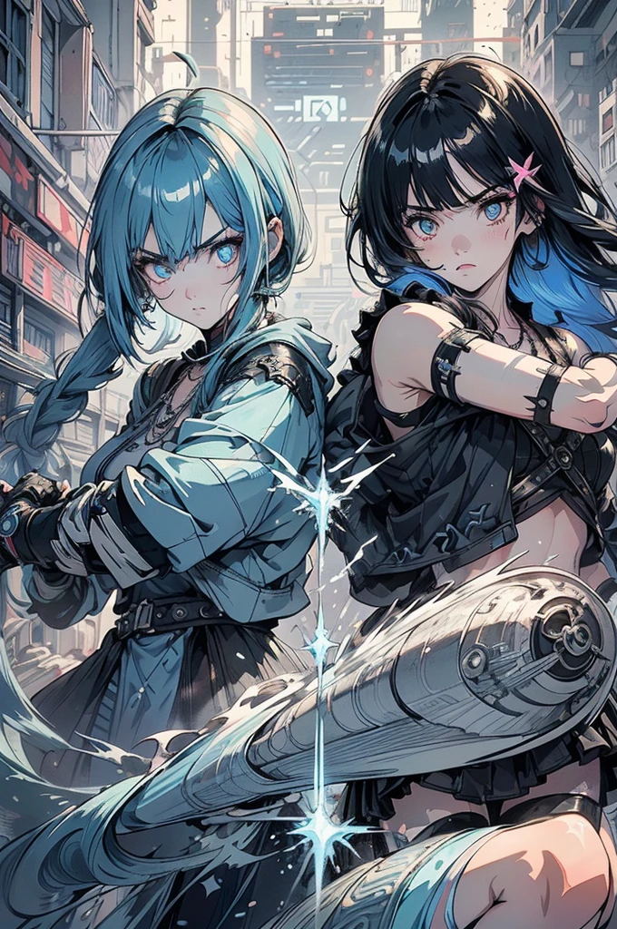 Striped hair, Silver, Long hair, Blue hair, aqua eyes, Glowing eyes, anchor necklace, Cyberpunk, filmgrain, stereograms, tachi-e, Masterpiece, Textured skin, Detailed face, fluorescent translucent clothes,Military, Textured skin, Glowing eyes, daybreak, Cyberpunk background, ((fight against another,2girls:1.5))