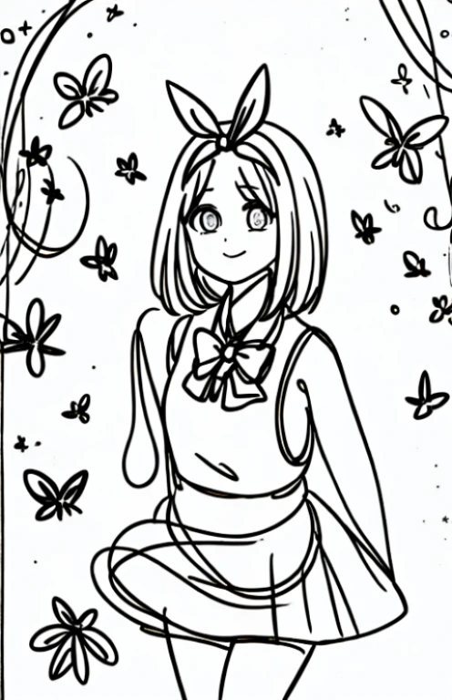 (1 girl), (solo), Wallpapers, poster HD Detail, Moist Watermark, Ultra Detail, Movie, Soft Light, Deep Focus Bokeh, Ray Tracing, --niji 5 Summer, Sketch, Iris: 1.2), butterflies, simple, sfw, pretty teenage girl with shoulder length hair, a cute face, laughing, aayotsuba, Nakano Yotsuba from The Quintessential Quintuplets, real life Yotsuba Nakano, masterpiece, 4k, ultradetailed, cowboy shot, nakano yotsuba, shoulder length staight hair, sparkling eyes, hair bow ribbon, green bowtie, sleeveless sweater, collared white shirt, pleated skirt, school uniform, laughing happily, grey scale