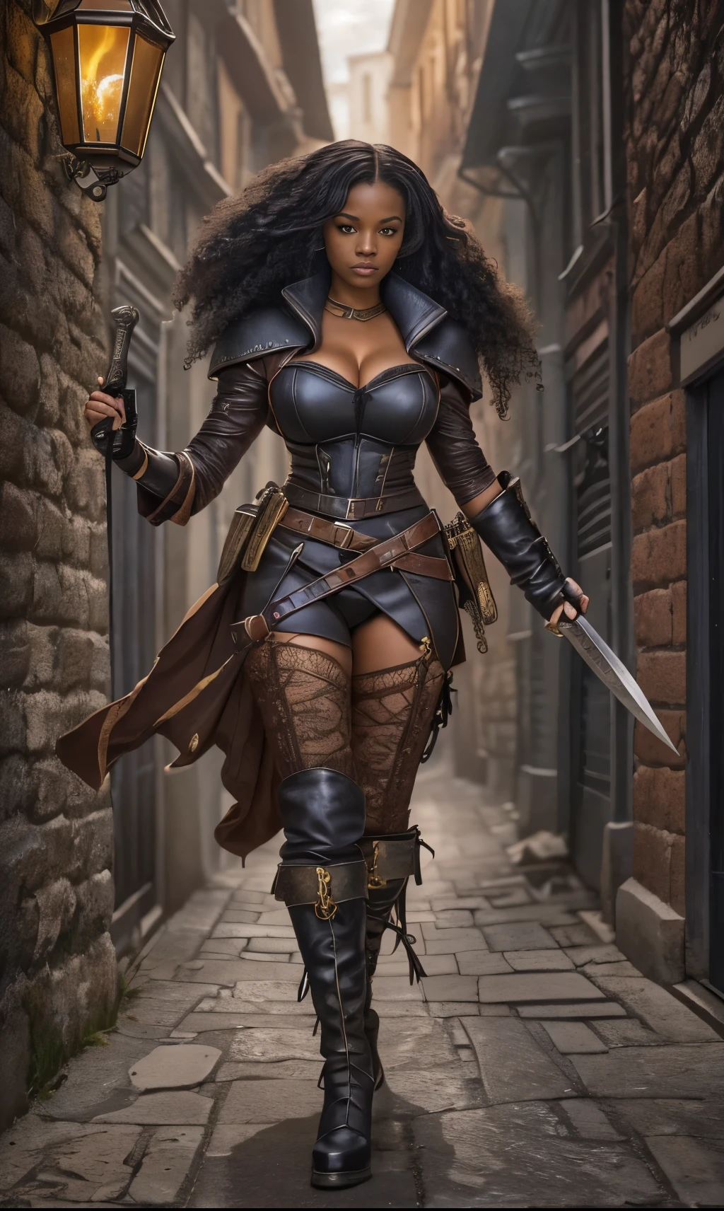 (a detailed female rogue,a black-skinned female rogue,a black skinned female rogue with an intense expression)black female rogue,sneaking through an alley in a medieval town,leather armor with a skimpy design,showing a hint of sensuality,black patterned pantyhose,curly black hair,flowing and vibrant,holding a leather whip in one hand as a weapon,"high-heeled leather boots",giving her an agile and dangerous aura,medieval-themed alley,with dim and flickering lanterns casting a mysterious and eerie light,ancient architecture towering on both sides of the alley,adding a sense of history and atmosphere
