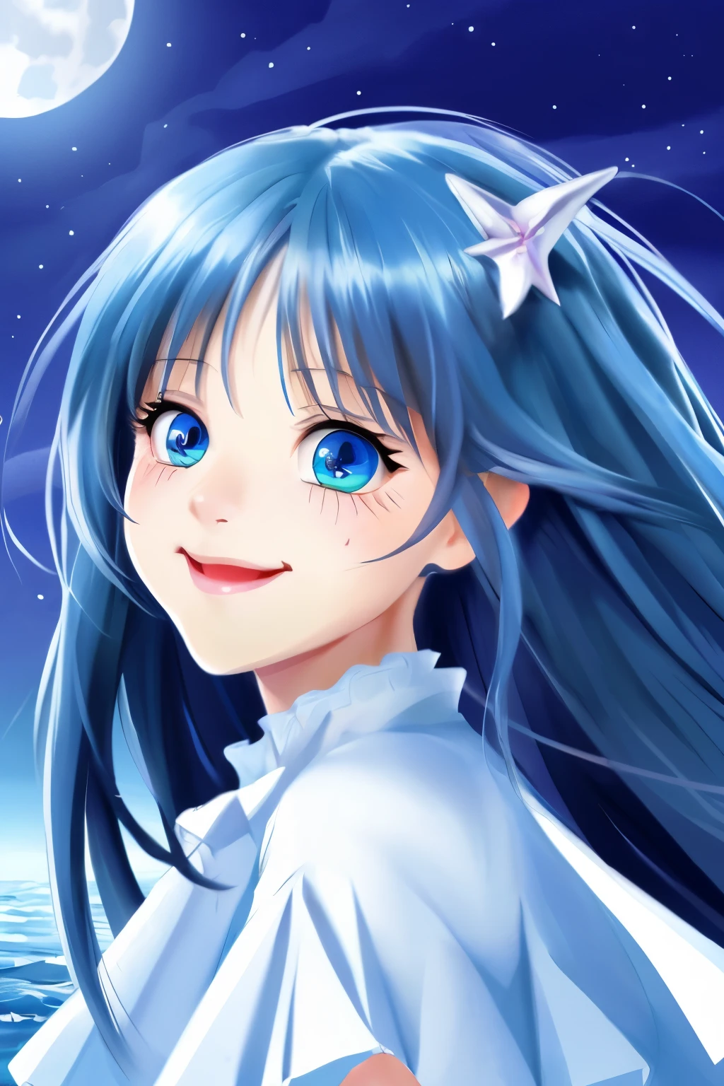 extremely detailed eyes and face perfect anatomy blue girl anime fantasy sea moon full body smile big eyes