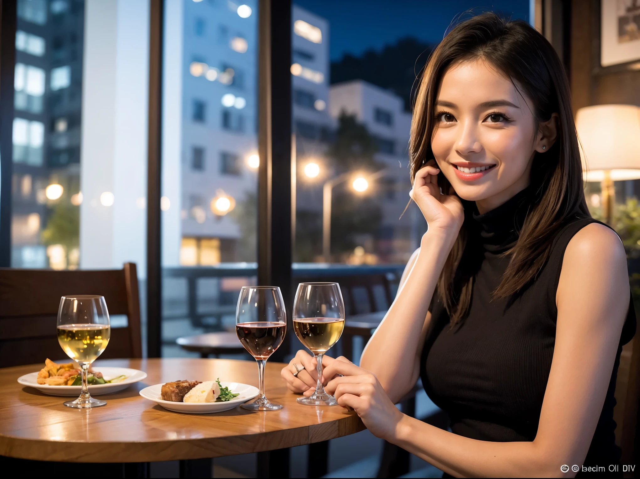 (64k uhd, nffsw, of the highest quality, masutepiece: 1.2), (Realistic, Photorealistic: 1.37), Pretty Woman 1, (Slim Face), (slimボティ), (Brown hair), (short-cut), Italian、Dutchman、Americana、Frenchman、cheeks blush a little, (40 years old), 38 years, Solo, A beautiful and detailed night view spreads out outside the window........, restaurant, wine glassesに座って, At night, In a prominent place (from waist up) NovaFrogStyle, actress, Model, waist-up, white wine, slim, wine glasses, Super clean night view, 真ん中に置かれたwine glasses, Happy smile, (Smile: 1.15), Beautiful fine eyes, Upper body, Bust Japan Up, Night, Short, Short, actress, Model, waist-up, white wine, slim, wine glasses, Super clean night view, 真ん中に置かれたwine glasses, Happy smile,