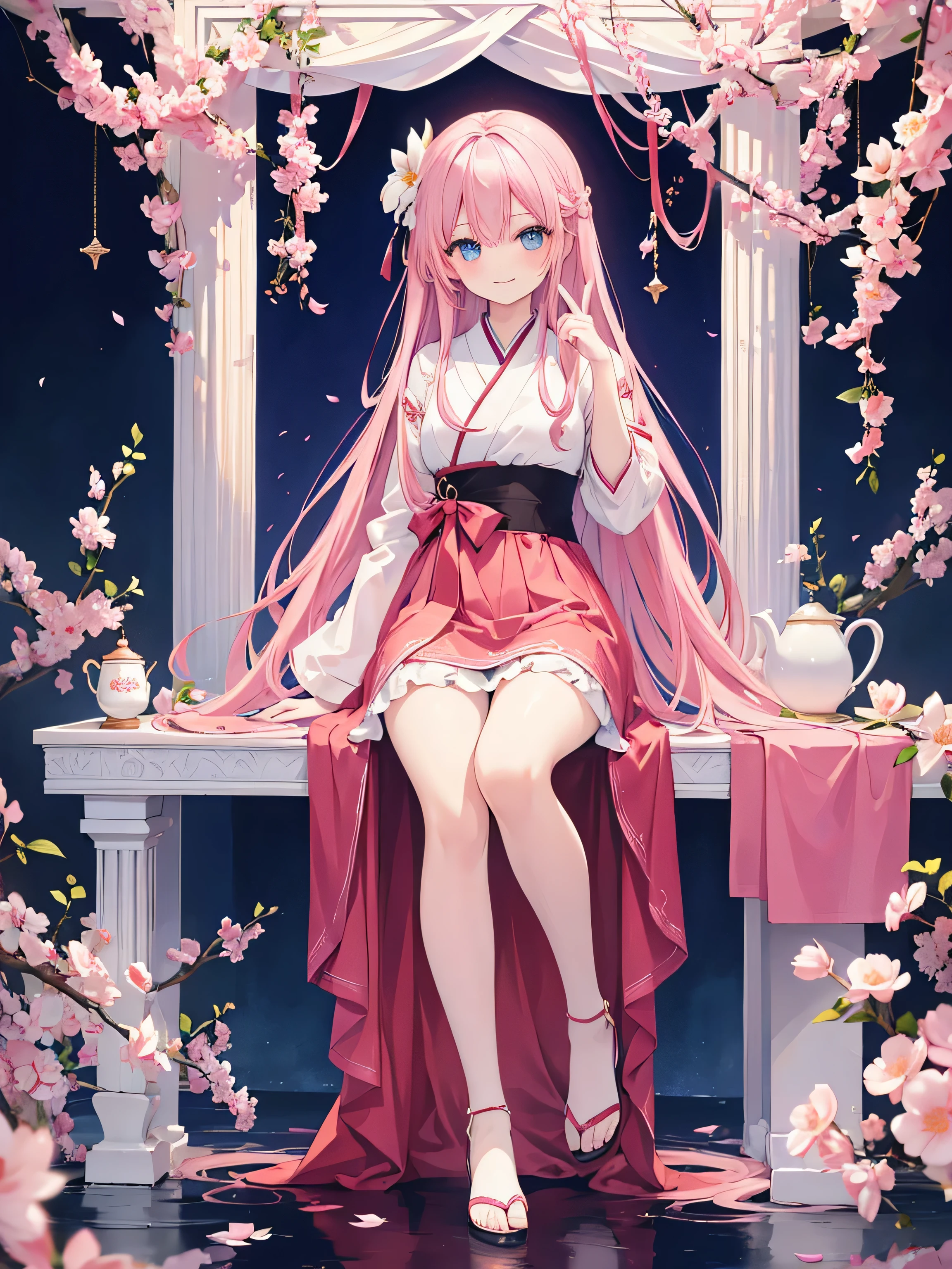 ((full body)), girl、1 persons、pink hair、Blue eyes、length hair、A smile、luxurious white and red hanbok, long red skirts with flower patterns, perfect anatomy, 4fingers and 1thumb, magnolia, clear background, serve cup of tea