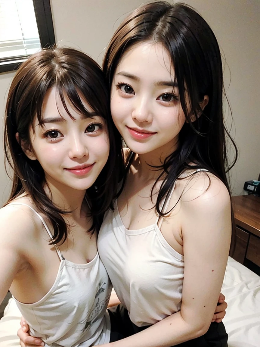 realistic, 2girls, ((selfie)), brown eyes, body close together, looking up, mouth wide open, smiling, face extra large zoom, sitting on bed, sexy, (bare shoulders), (covered nipples), (camisole), (dolphin shorts), (small breasts)