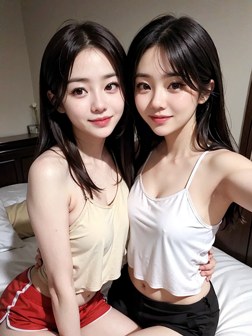 realistic, 2girls, ((selfie)), brown eyes, body close together, looking up, mouth wide open, smiling, face extra large zoom, sitting on bed, sexy, (bare shoulders), (covered nipples), (camisole), (dolphin shorts), (small breasts)