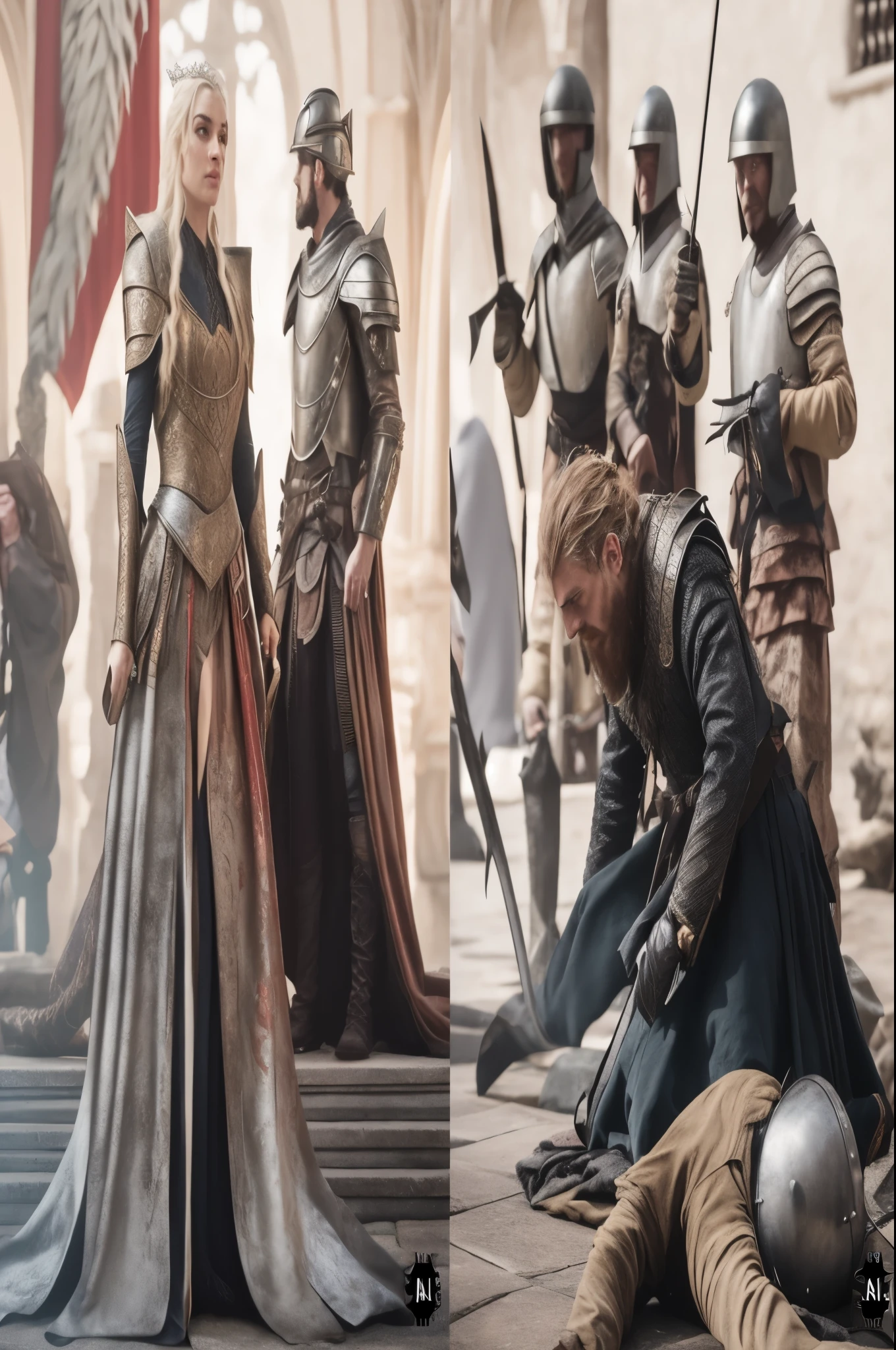 Imagem de um grupo de pessoas vestidas com roupas medievais, Estilo de Game of Thrones, Estilo Game of Thrones, James Gurney e Andreas Rocha, de tronos, Poots Imogen como um paladino, Imogen Poots como um guerreiro santo, Eliseu Cuthbert como um Paladino, desenhos de fantasia medieval, flowing robes and leather armor