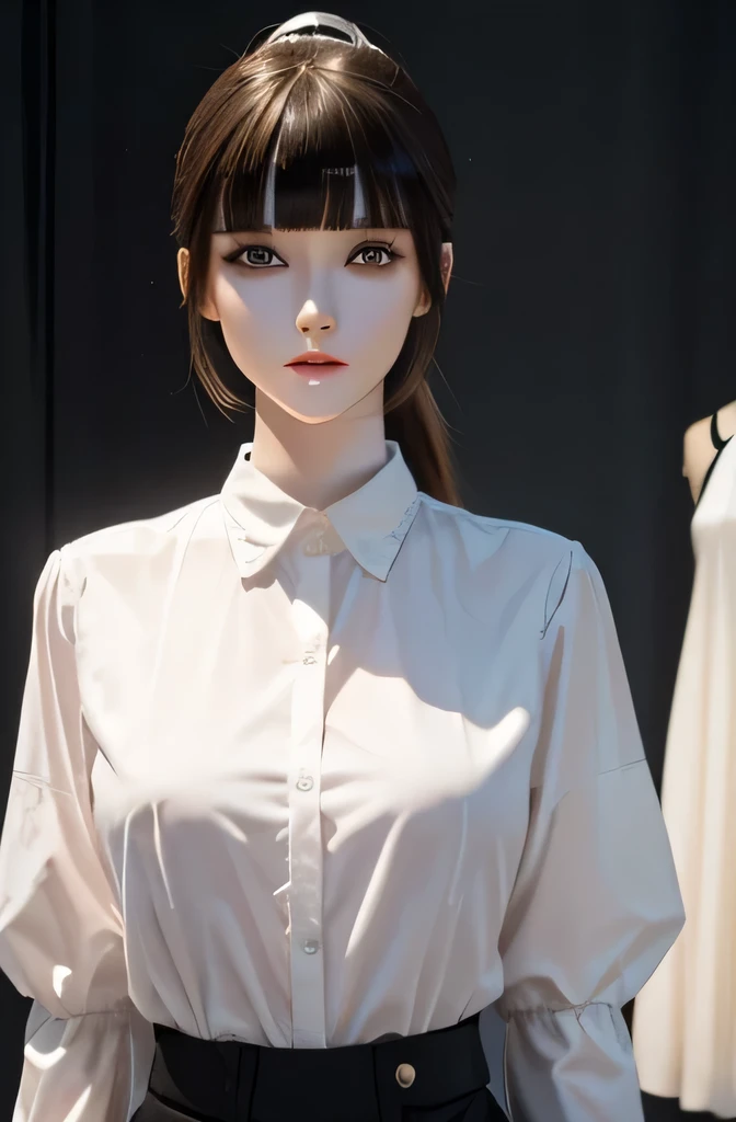 Mannequinが手を振っている(Beautuful Women　Mannequin is 25 years old　Mannequinの身長は165cmです. Mannequinの色&#39;my face is white.　Mannequinの色 body is pure white 　Mannequin has brown hair(short straight ponytail　bangss)　Mannequin has a thin and long face　Mannequinの色&#39;lips are light pink.　Mannequin&#39;Eye color is black　Mannequinはシャツを着ています)