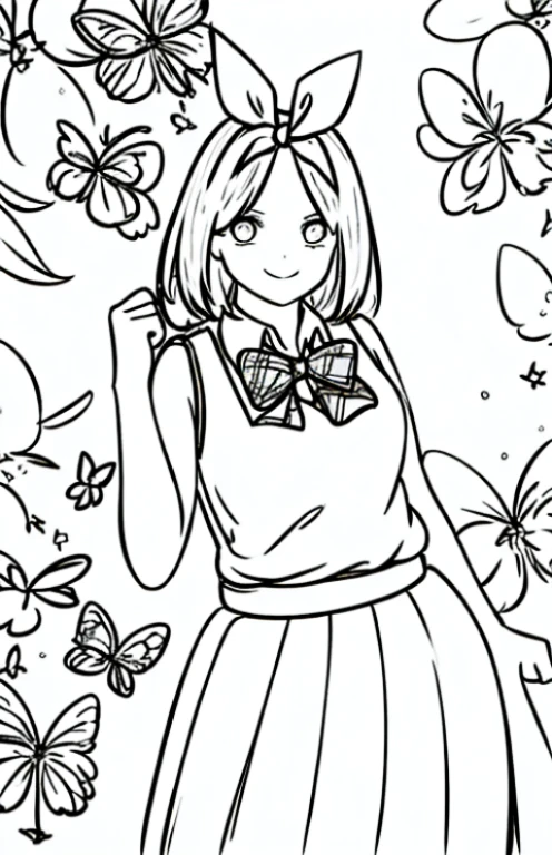 (1 girl), (solo), Wallpapers, poster HD Detail, Moist Watermark, Ultra Detail, Movie, Soft Light, Deep Focus Bokeh, Ray Tracing, --niji 5 Summer, Sketch, Iris: 1.2), butterflies, simple, sfw, pretty teenage girl with shoulder length hair, a cute face, laughing, aayotsuba, Nakano Yotsuba from The Quintessential Quintuplets, real life Yotsuba Nakano, masterpiece, 4k, ultradetailed, cowboy shot, nakano yotsuba, shoulder length staight hair, sparkling eyes, hair bow ribbon, green bowtie, sleeveless sweater, collared white shirt, pleated skirt, school uniform, laughing happily, grey scale
