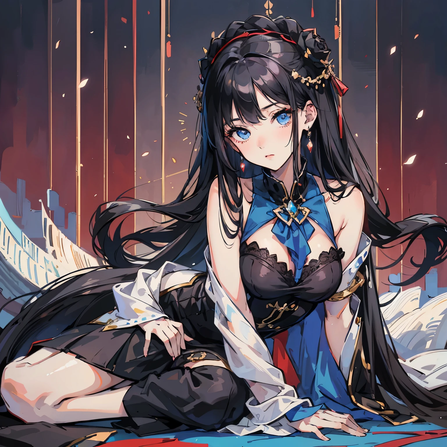 High quality, anime style, black hair, blue eyes, black silk, period costume, high cold, kneeling posture, royal sister, bangs, tight, breeze, exposed
