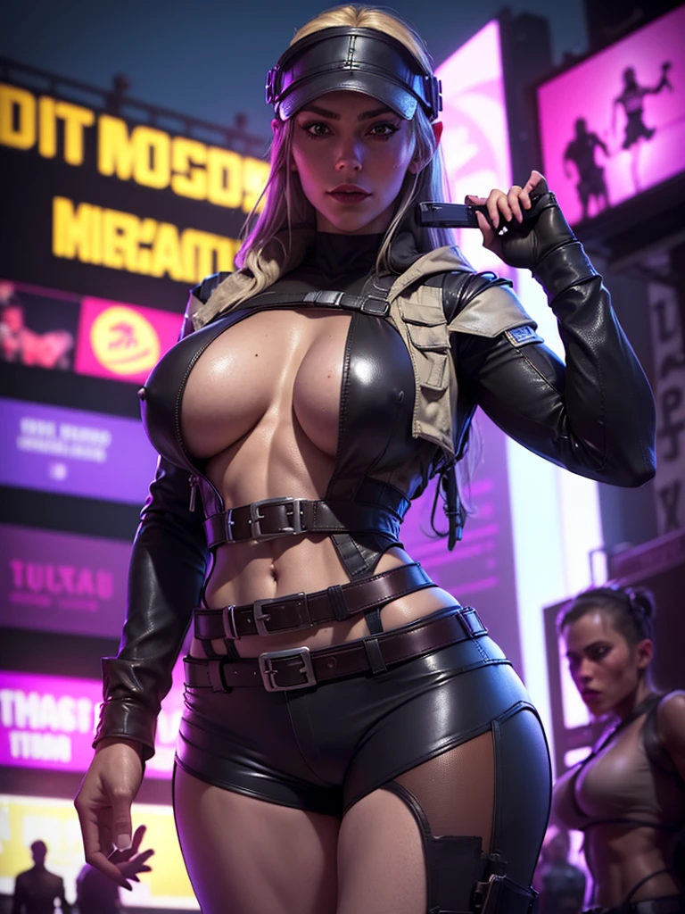 (New York: 1.3), (time square), (master piece,
best quality: 1.2)(zombies in the background: 1.2), Alice resident evil, 1 girl, only, long hair, breasts, smile, big breasts, brown hair, blue eyes, vest, big hair, blonde hair,
light hair, parted lips, Attire, Two-tone hair, open jacket, outlined lips, Black bodysuit, covered navel, makeup, muscular, headband, Abs, tight skin, tight black clothes, muscular female, dyed bangs,
black bodysuit, full bodysuit, (leather shorts and belt: 1.5), (big tech gun: 1.3), Looking at Viewer, (medium boobs: 1.3),
(hanging breasts: 1.3), (full breasts: 1.3), (realism: 1.5), (Realisitc: 1.4), (Absurdity: 1.4), 8k, ultra-detailed, Detailed beautiful woman, (only: 1.4), 1girl, (Viewer facing:1.2),